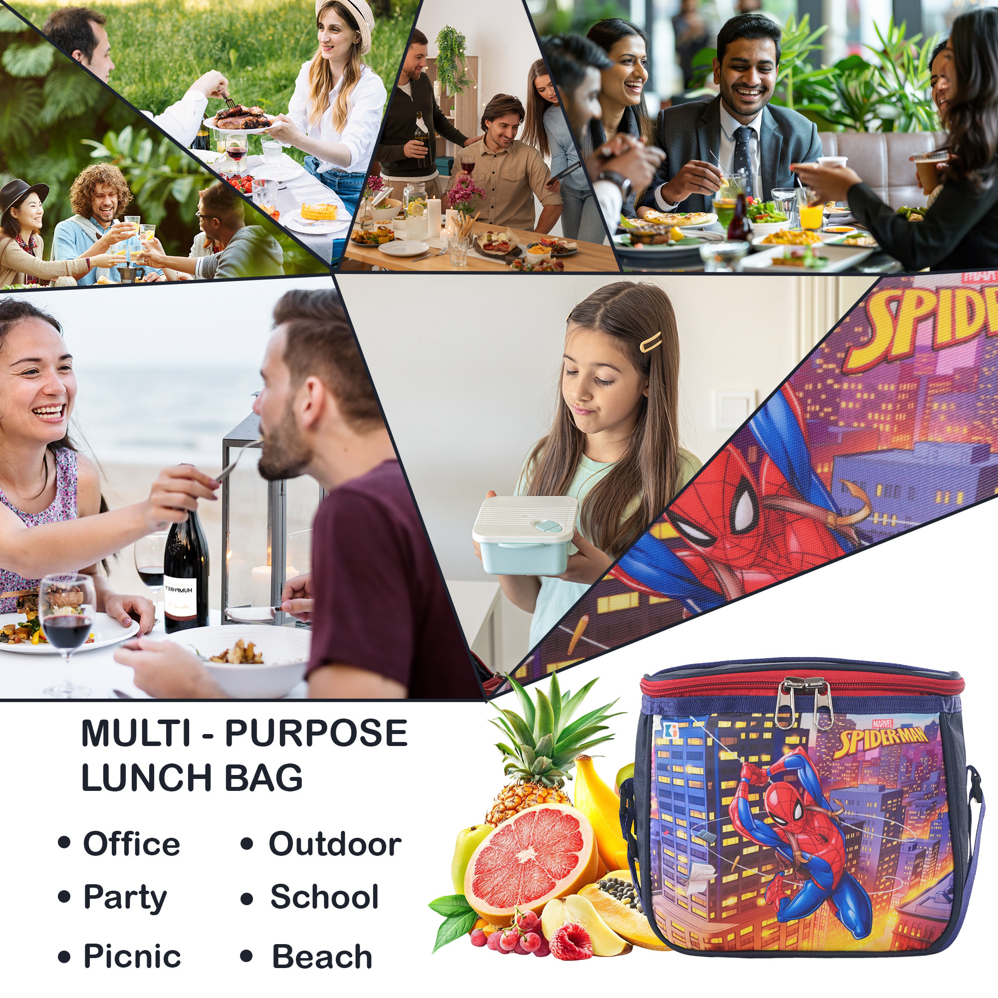 Kuber Industries Rexine Waterproof Tiffin Cover for Kids Women  Men with Handle  Lunch Carry Bag for School College and Offices  Marvel Spider Man Print - Navy Blue