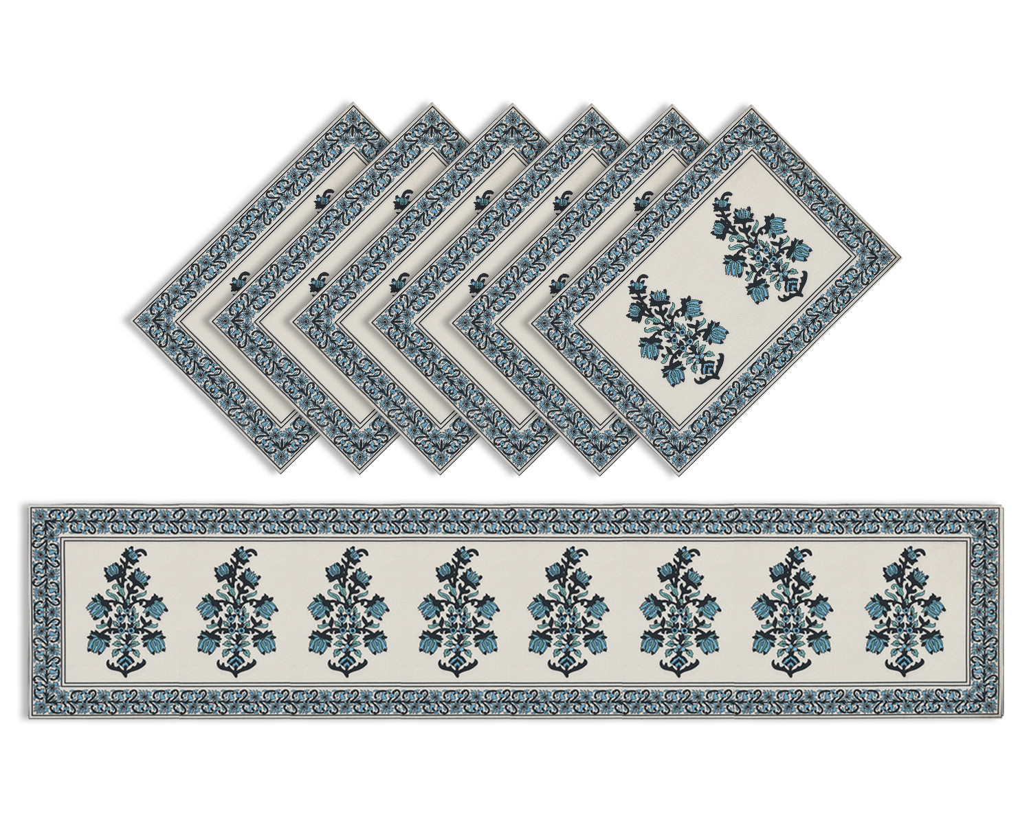 Kuber Industries Rich Fabric Table Runner & Placemats For Living, Dinning, Office, Kitchen & Wedding Set of 7 (Blue) 54KM4147