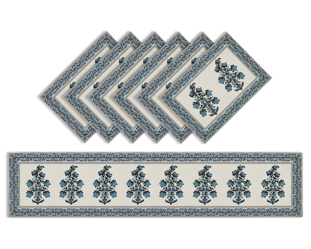 Kuber Industries Rich Fabric Table Runner &amp; Placemats For Living, Dinning, Office, Kitchen &amp; Wedding Set of 7 (Blue) 54KM4147