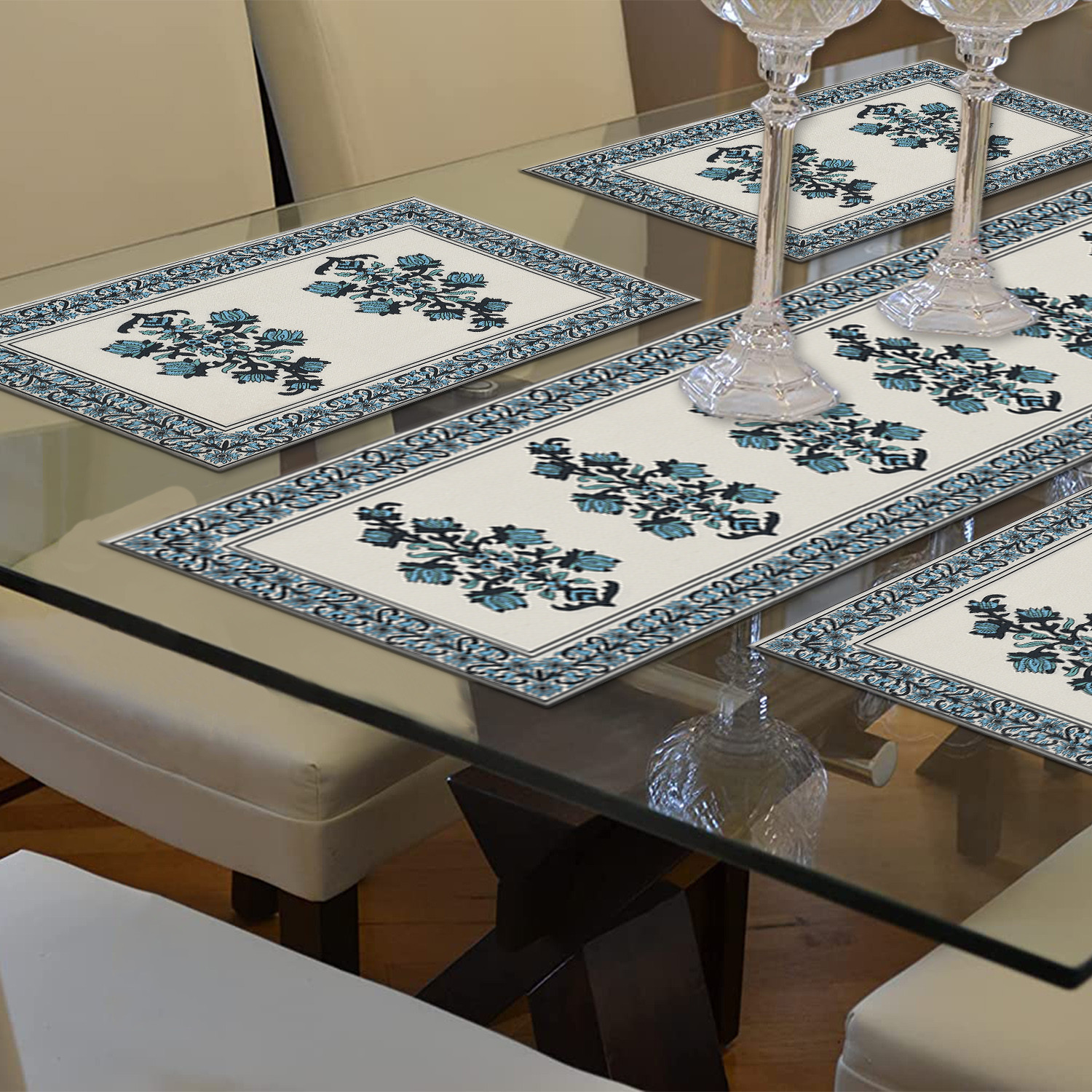 Kuber Industries Rich Fabric Table Runner & Placemats For Living, Dinning, Office, Kitchen & Wedding Set of 7 (Blue) 54KM4147