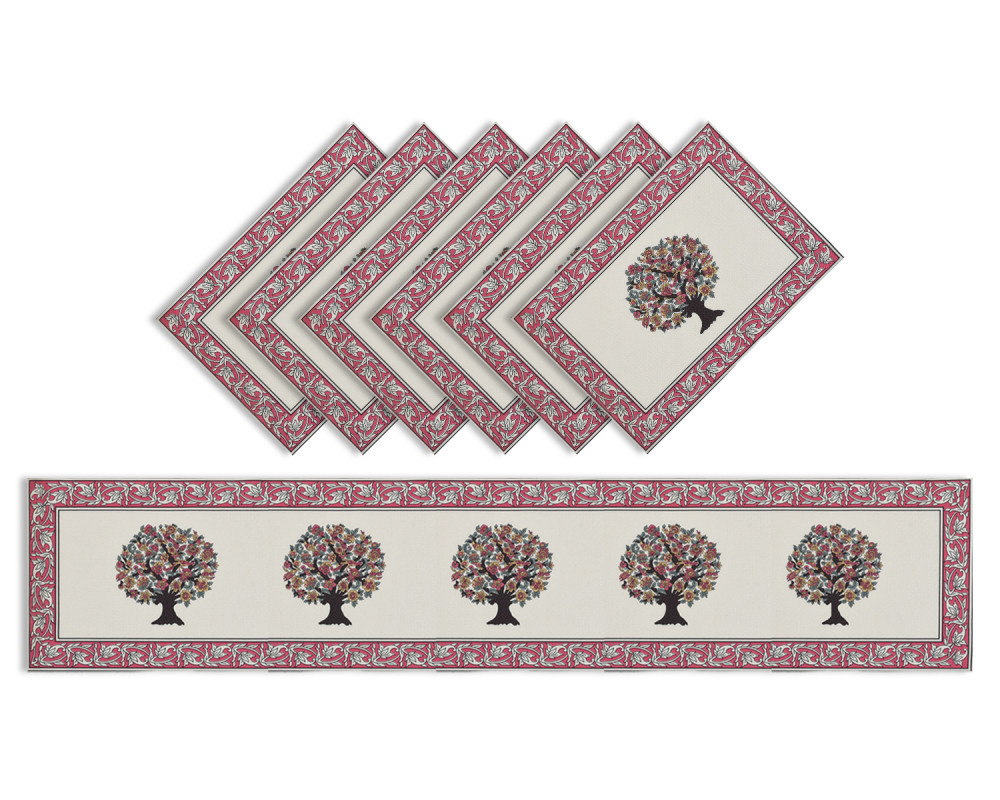 Kuber Industries Rich Fabric Table Runner &amp; Placemats For Living, Dinning, Office, Kitchen &amp; Wedding Set of 7 (Pink) 54KM4148