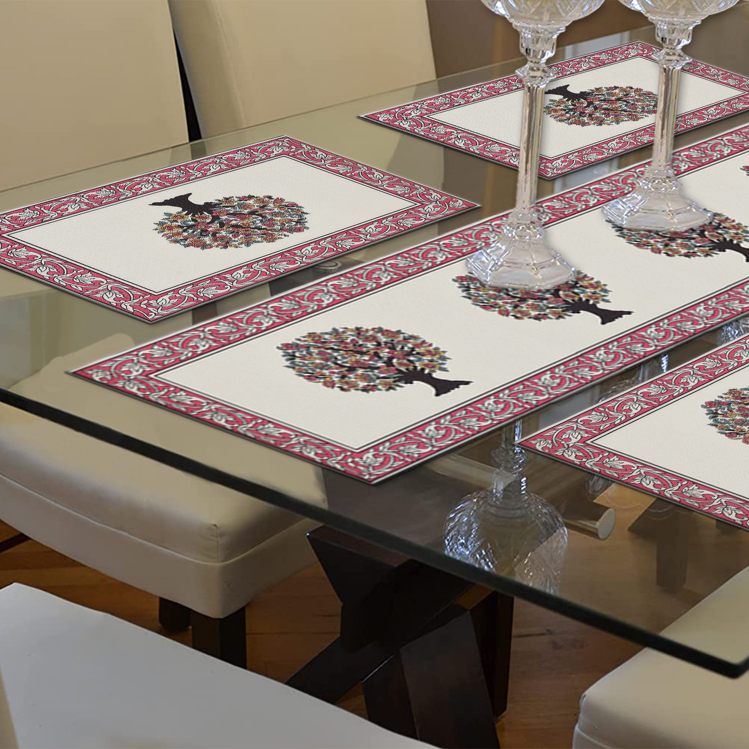 Kuber Industries Rich Fabric Table Runner & Placemats For Living, Dinning, Office, Kitchen & Wedding Set of 7 (Pink) 54KM4148