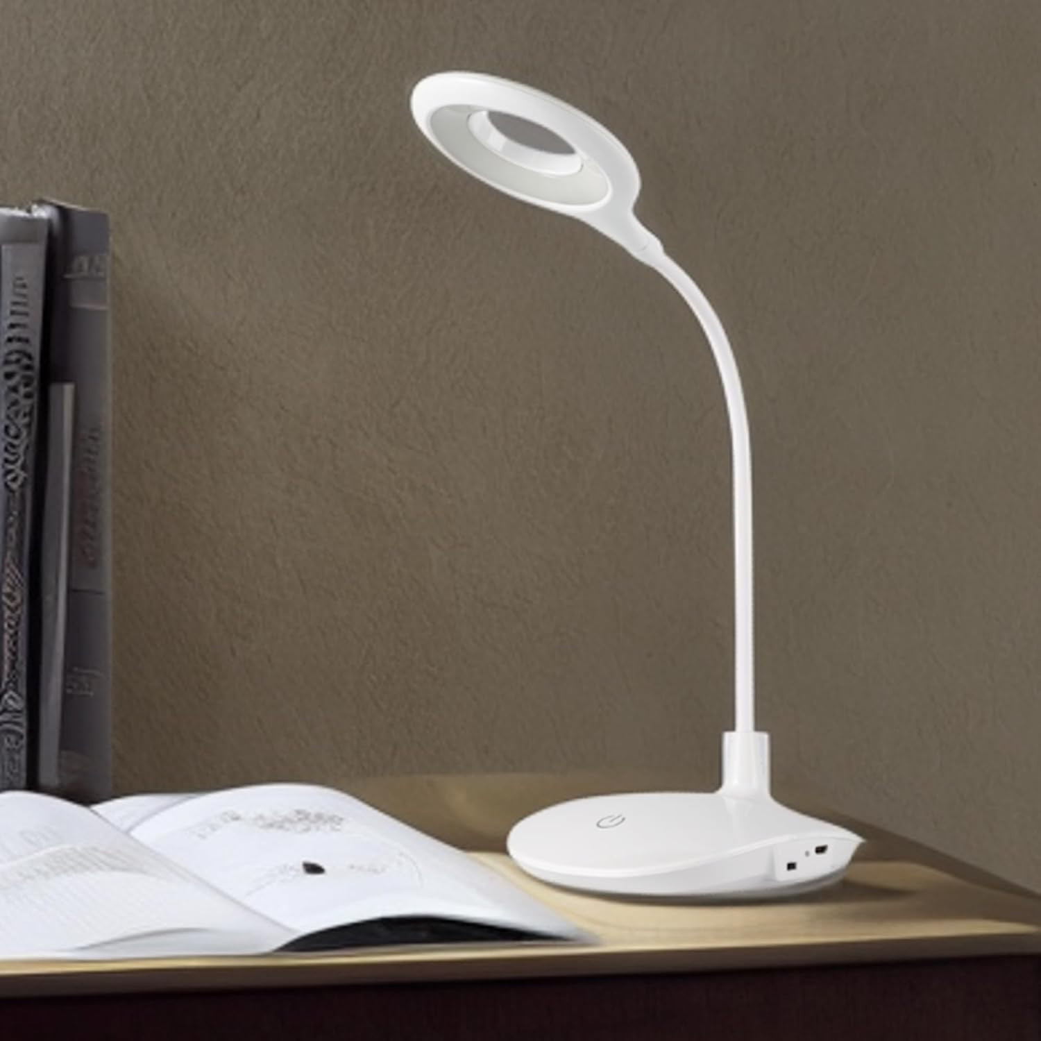 Kuber Industries Ring Base Table Lamp|Rechargeable Table Light with USB|Battery Capacity 1200mAh (White)
