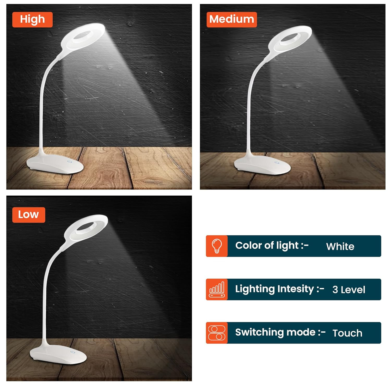 Kuber Industries Ring Base Table Lamp|Rechargeable Table Light with USB|Battery Capacity 1200mAh (White)