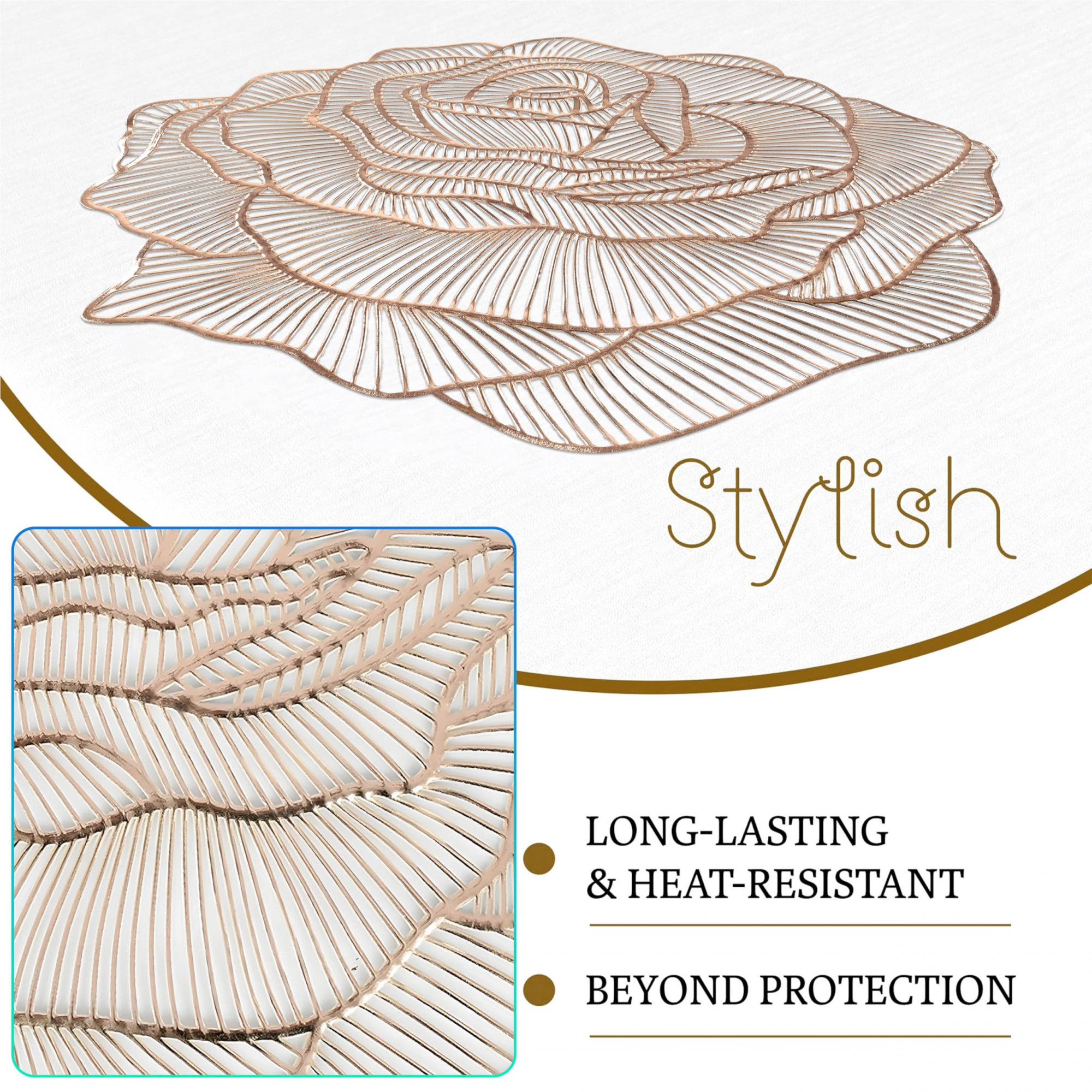 Kuber Industries Rose Design Soft Leather Table Mats Dining Table Mats Set of 6 Gold