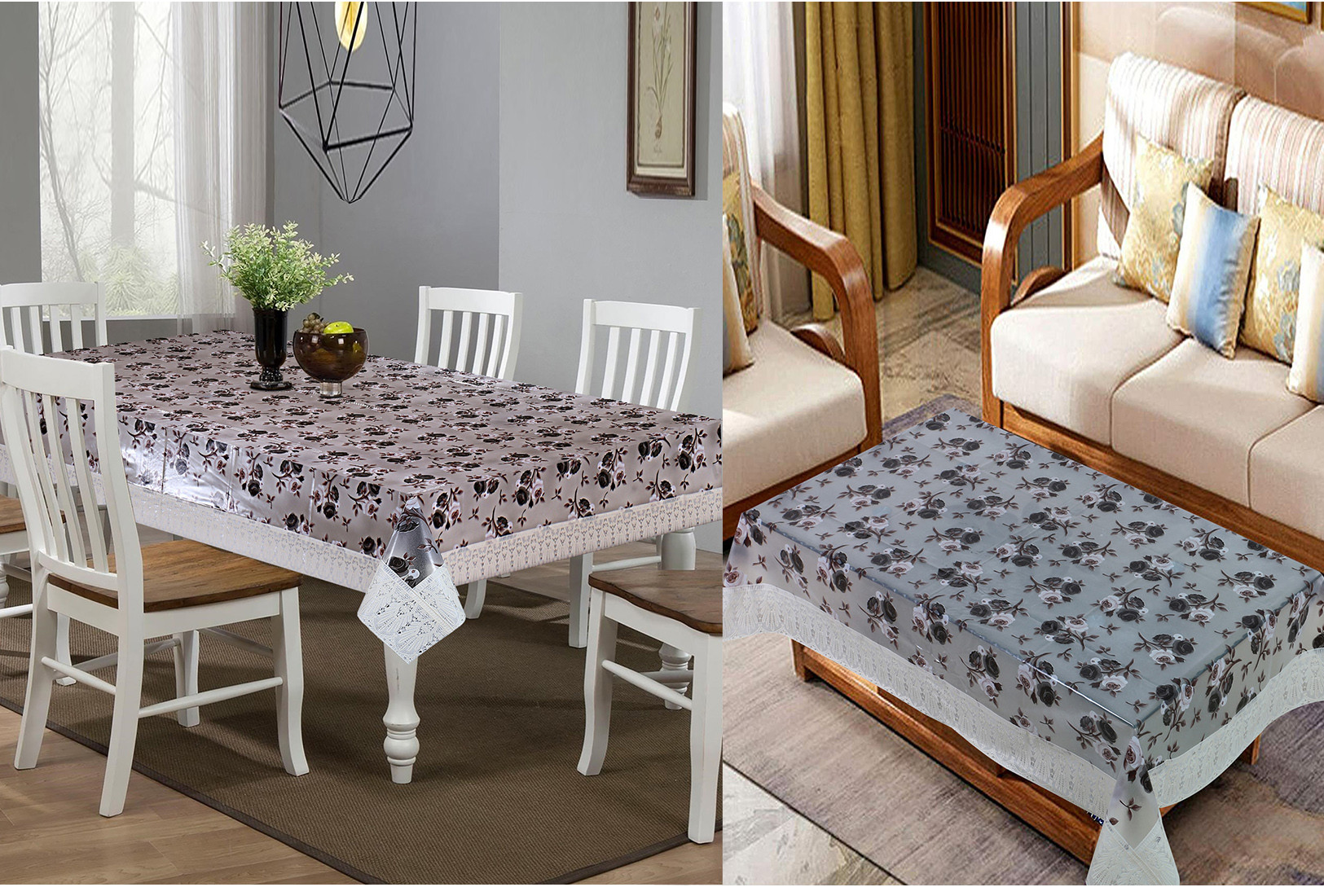 Kuber Industries Rose Design Waterproof Attractive Dining Table Cover & Center Table Cover for Home Decoration,(Cream)
