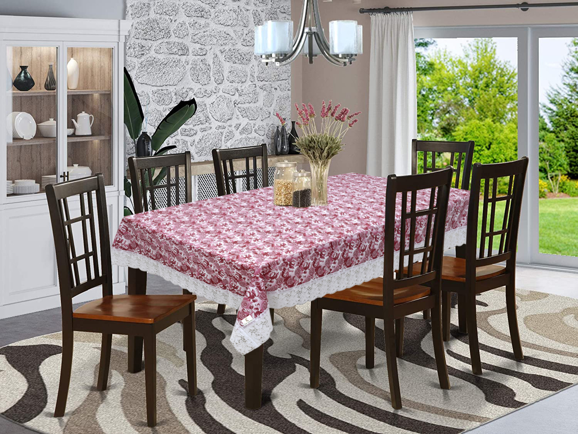 Kuber Industries Rose Print PVC 6 Seater Dining Table Cover 60