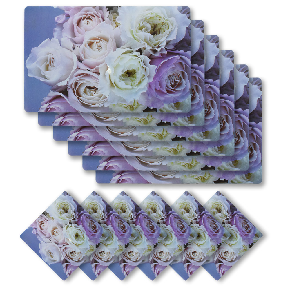 Kuber Industries Rose Print PVC Table Mats /Placemat With 6 Coasters For kitchen, Dining Table Set of 6 (Light Pink) 54KM4379