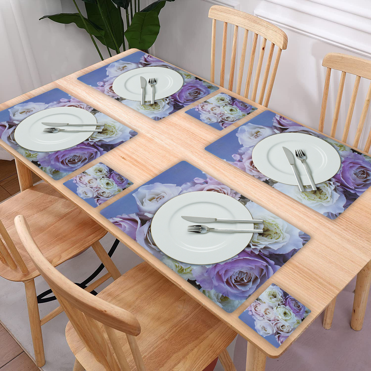 Kuber Industries Rose Print PVC Table Mats /Placemat With 6 Coasters For kitchen, Dining Table Set of 6 (Light Pink) 54KM4379