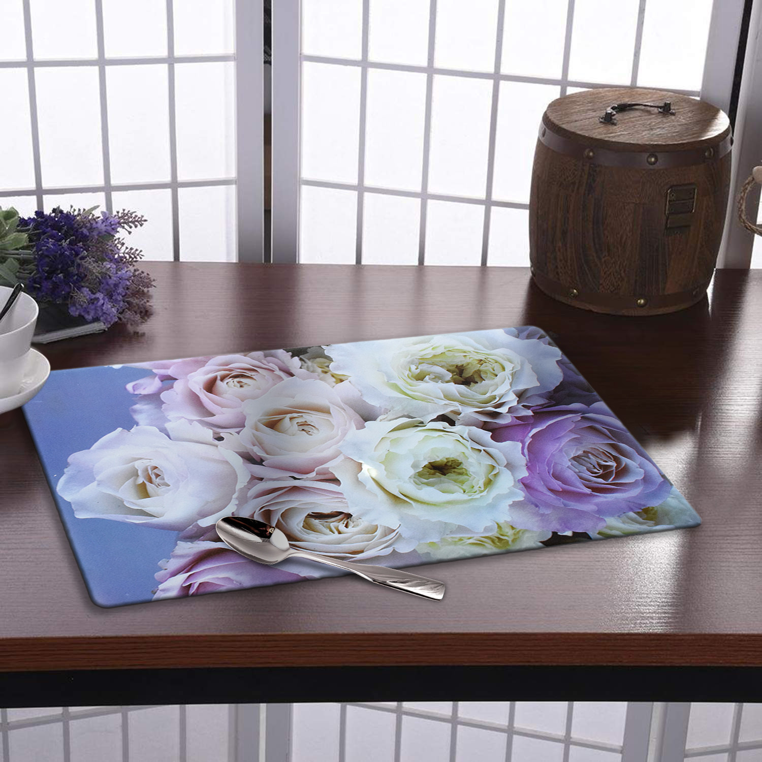 Kuber Industries Rose Print PVC Table Mats /Placemat With 6 Coasters For kitchen, Dining Table Set of 6 (Light Pink) 54KM4379
