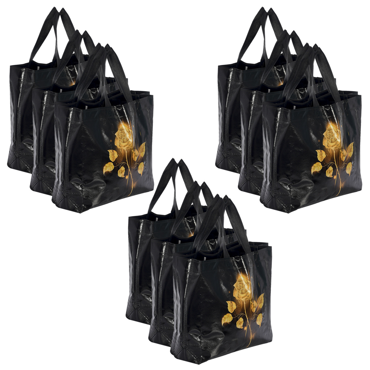 Kuber Industries Rose Printed Laminated Non Woven Reusable Gift Bag For Return Gift, Weddings, Birthday, Holiday Presents With Handle-(Black)
