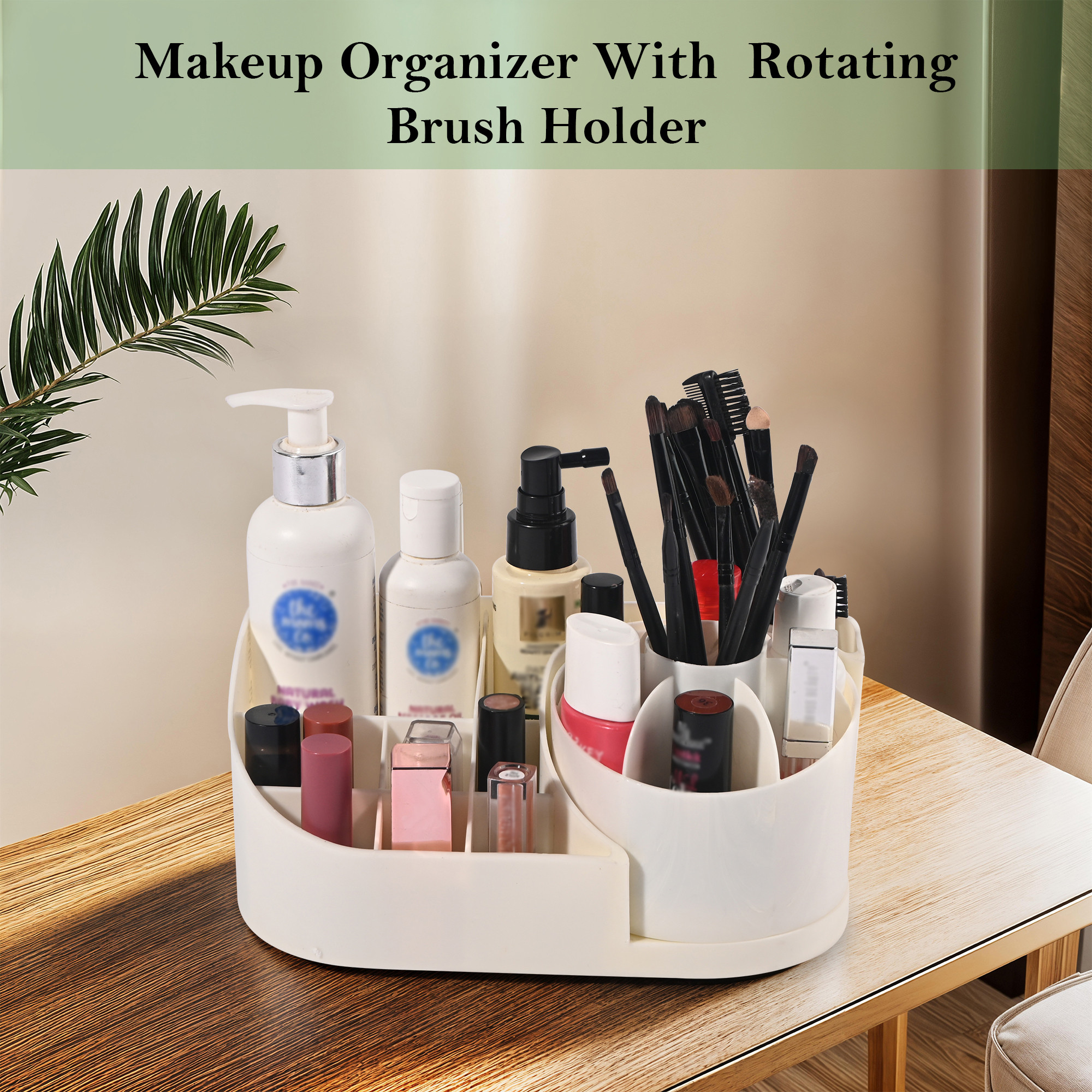 Kuber Industries Rotating Skincare  Makeup Organizer Stand for Bedroom  Dressing Table Organiser for Bathroom Vanity  Girls Perfume Comb  Cosmetic Organizer Shelf  Off White