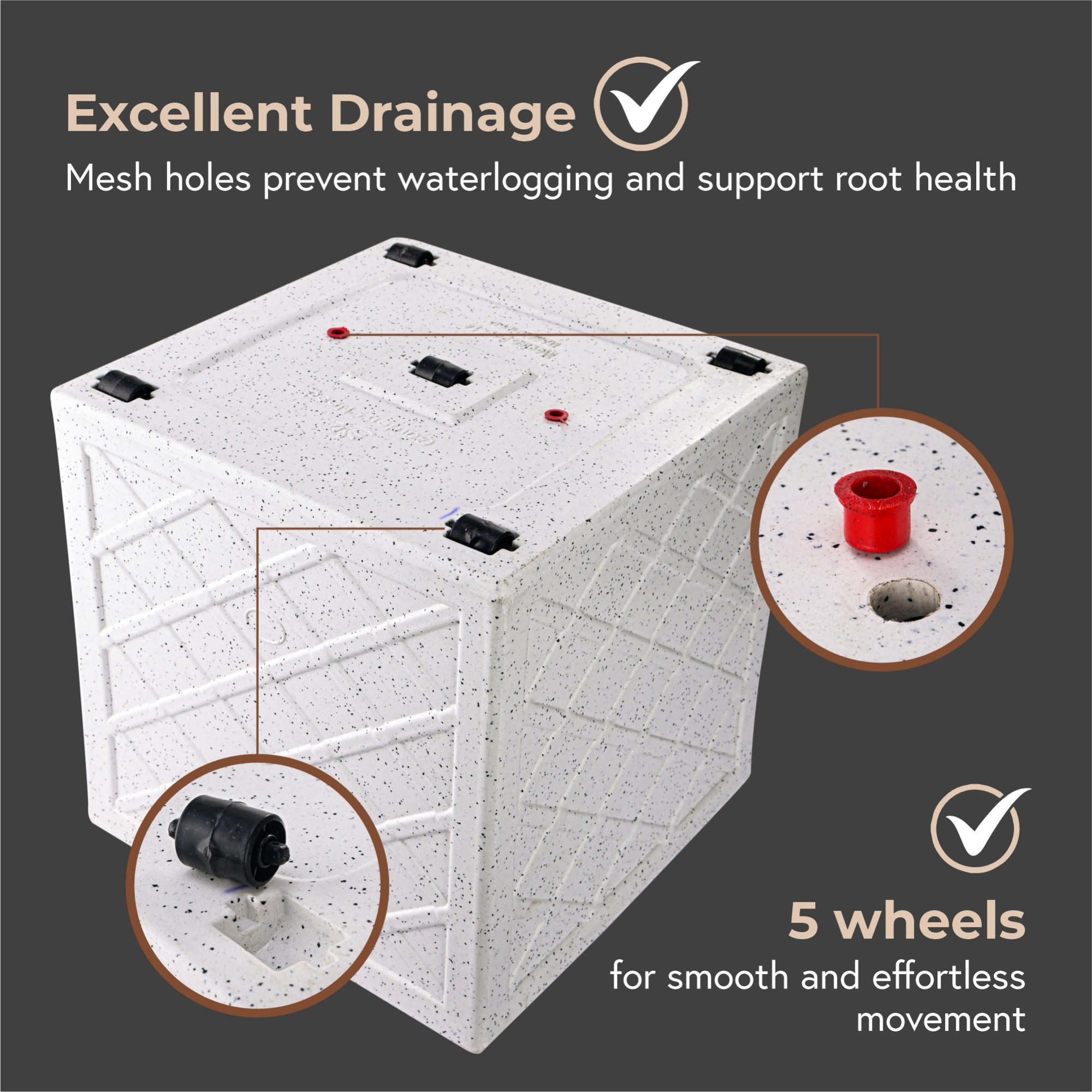 Kuber Industries Roto Mould 14 Inch Pots for Plants Balcony and Living Room with Wheels  Flower Pots for Garden  Planters for Home Decor Outdoor Indoor Plants  Jaguar Maxico  White Fresh