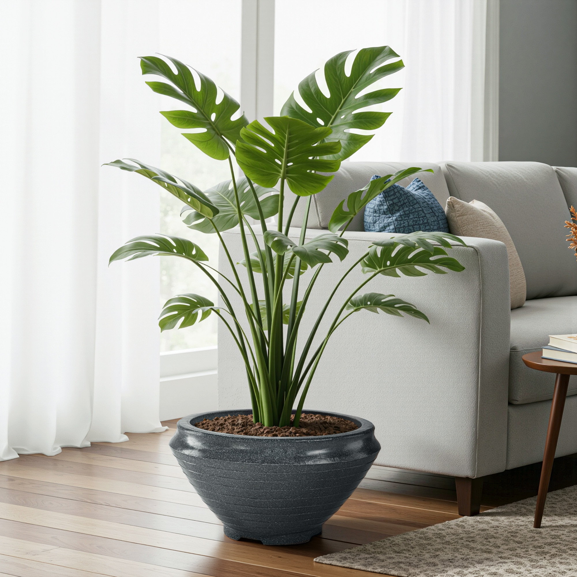 Kuber Industries Rotomould 15 Inch Large Flower Pot  Round Planter Container with Drainage for Balcony Patio  Garden Plant  Rib Tasala -Grey