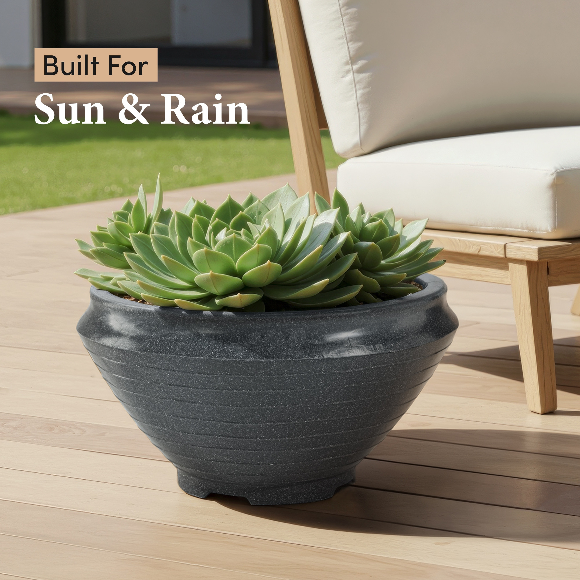 Kuber Industries Rotomould 15 Inch Large Flower Pot  Round Planter Container with Drainage for Balcony Patio  Garden Plant  Rib Tasala -Grey