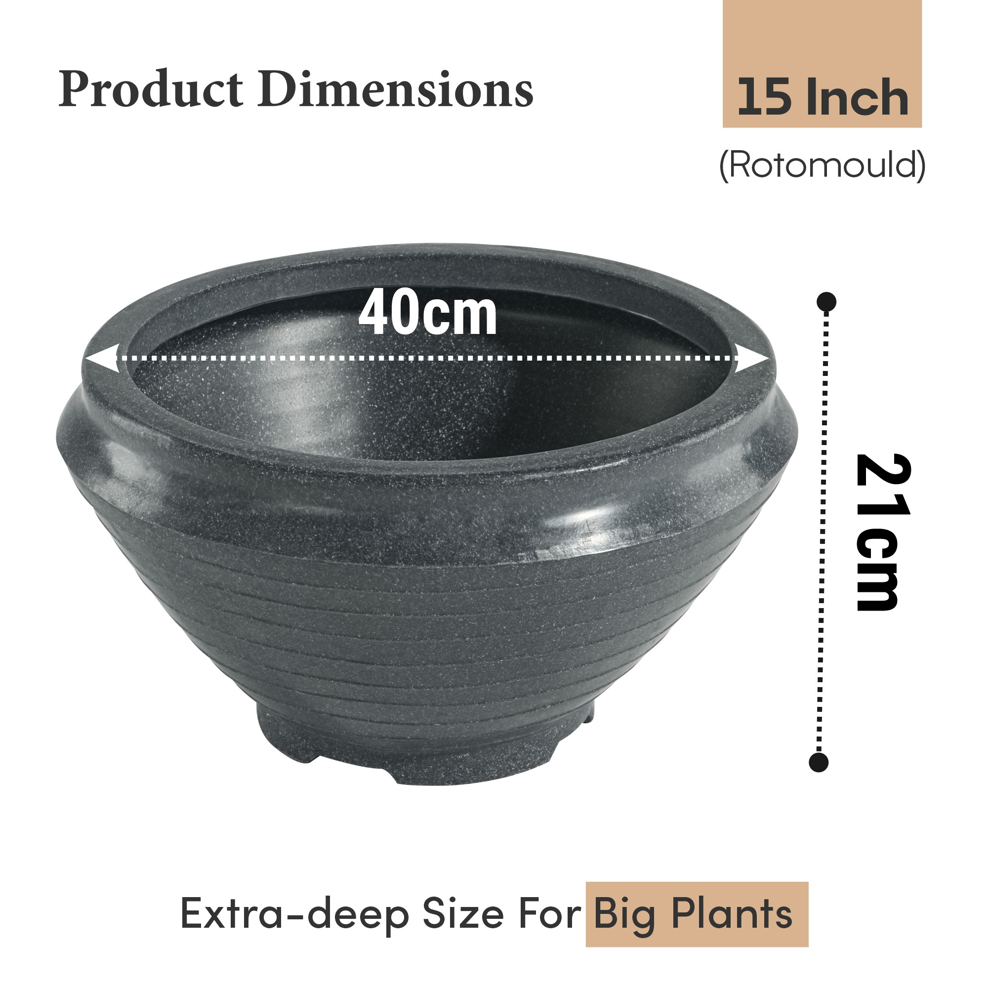 Kuber Industries Rotomould 15 Inch Large Flower Pot  Round Planter Container with Drainage for Balcony Patio  Garden Plant  Rib Tasala -Grey