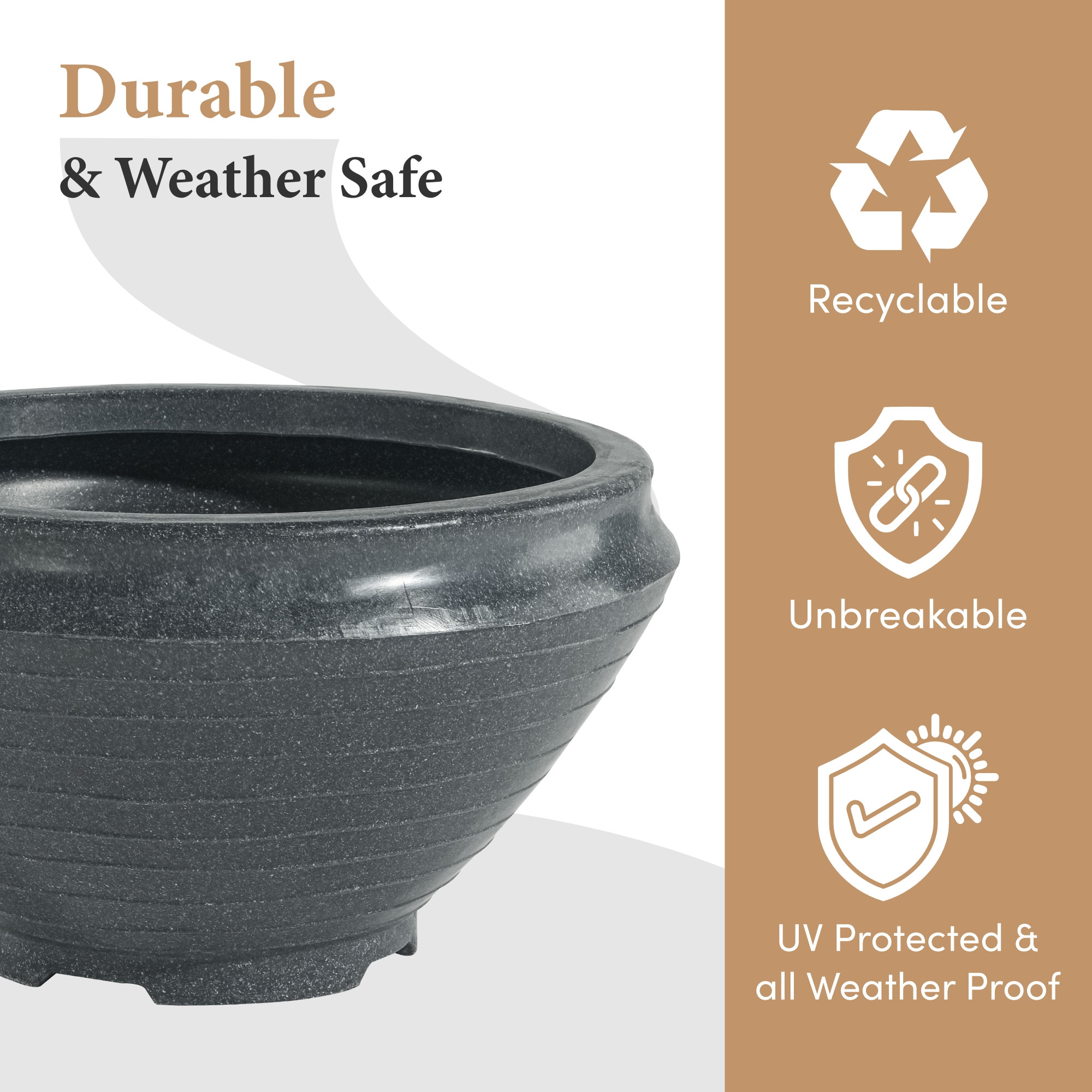 Kuber Industries Rotomould 15 Inch Large Flower Pot  Round Planter Container with Drainage for Balcony Patio  Garden Plant  Rib Tasala -Grey