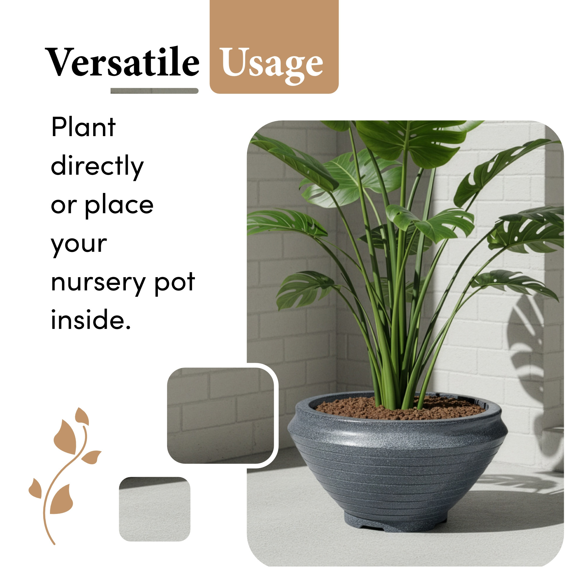 Kuber Industries Rotomould 15 Inch Large Flower Pot  Round Planter Container with Drainage for Balcony Patio  Garden Plant  Rib Tasala -Grey