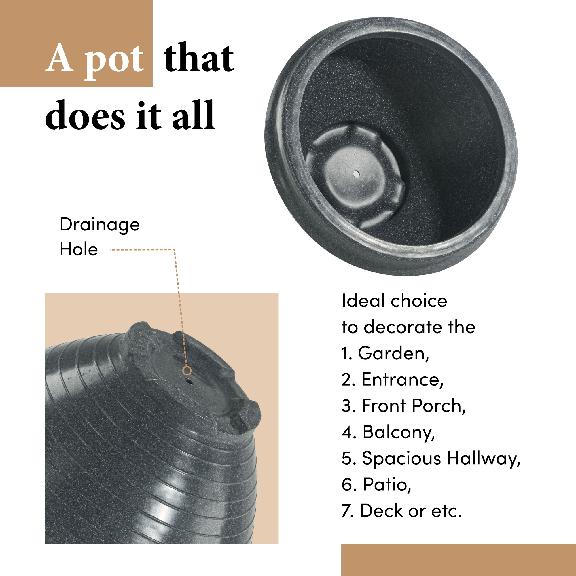 Kuber Industries Rotomould 15 Inch Large Flower Pot  Round Planter Container with Drainage for Balcony Patio  Garden Plant  Rib Tasala -Grey