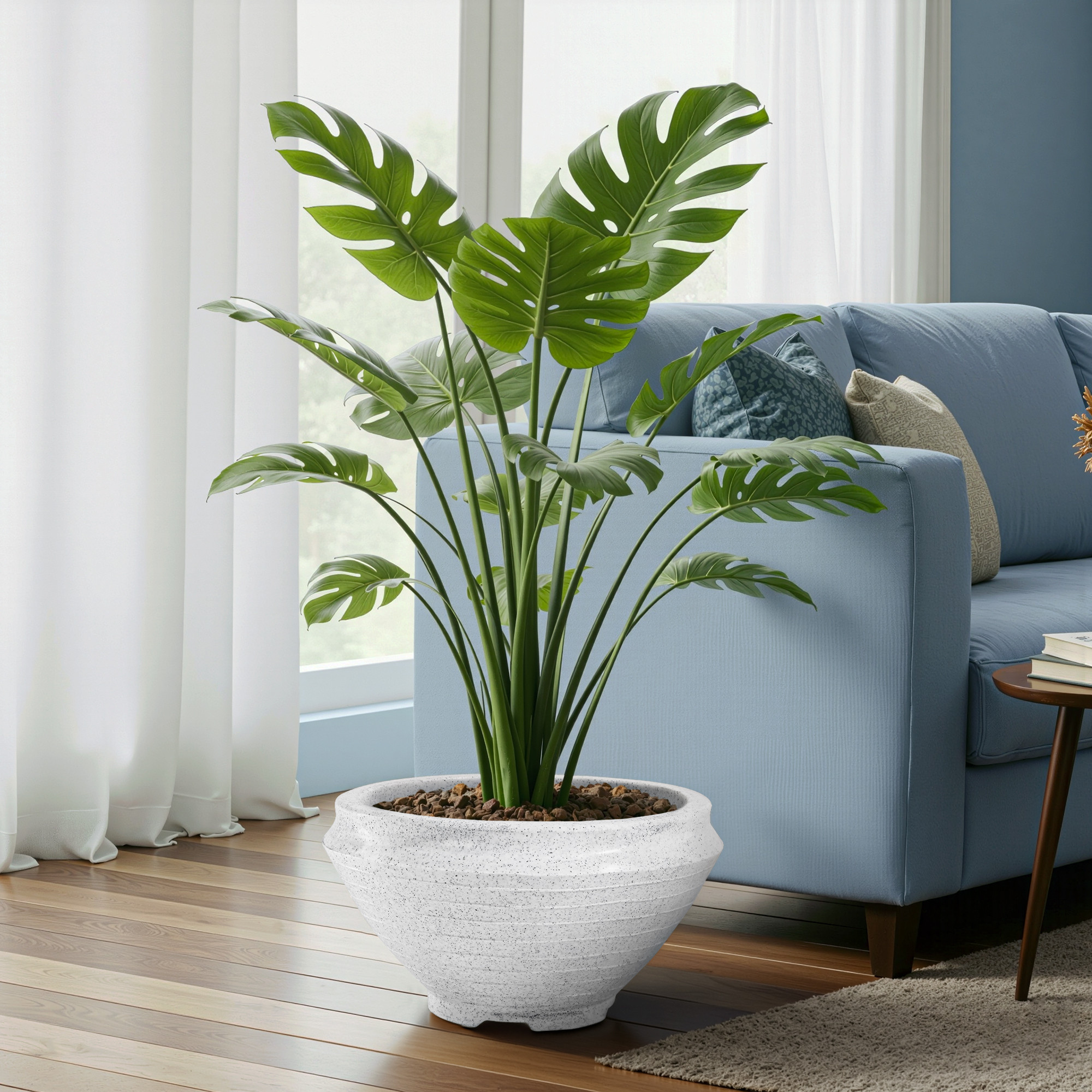 Kuber Industries Rotomould 15 Inch Large Flower Pot  Round Planter Container with Drainage for Balcony Patio  Garden Plant  Rib Tasala -White