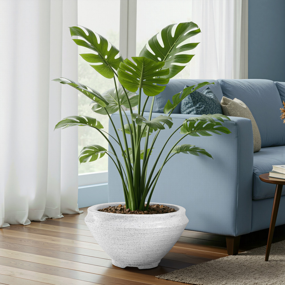 Image of Rotomould 15 Inch Large Flower Pot | Round Planter Container with Drainage for Balcony, Patio & Garden Plant | Rib Tasala -White