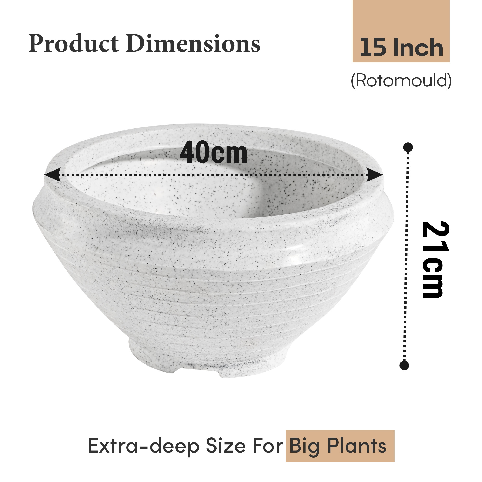Kuber Industries Rotomould 15 Inch Large Flower Pot  Round Planter Container with Drainage for Balcony Patio  Garden Plant  Rib Tasala -White