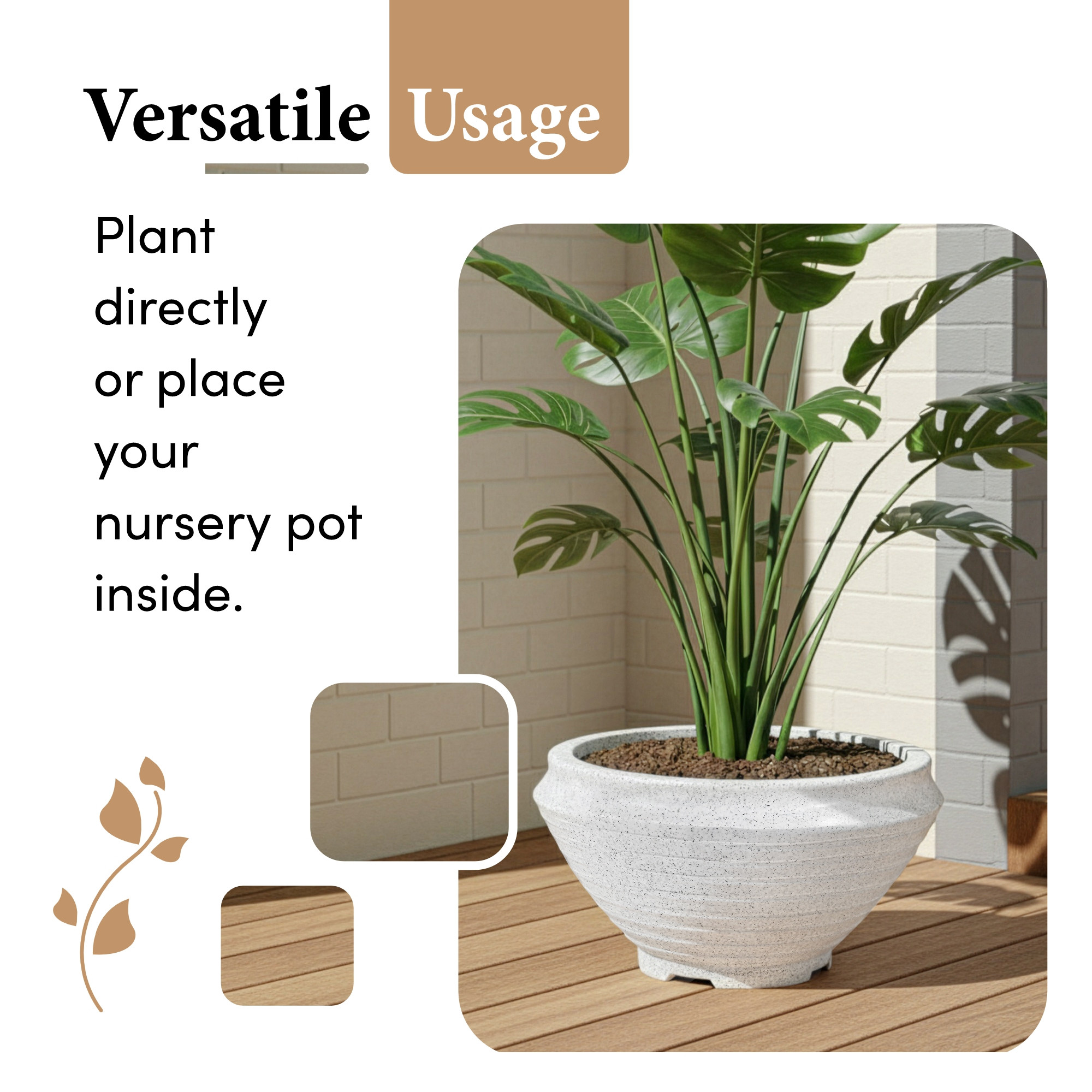 Kuber Industries Rotomould 15 Inch Large Flower Pot  Round Planter Container with Drainage for Balcony Patio  Garden Plant  Rib Tasala -White