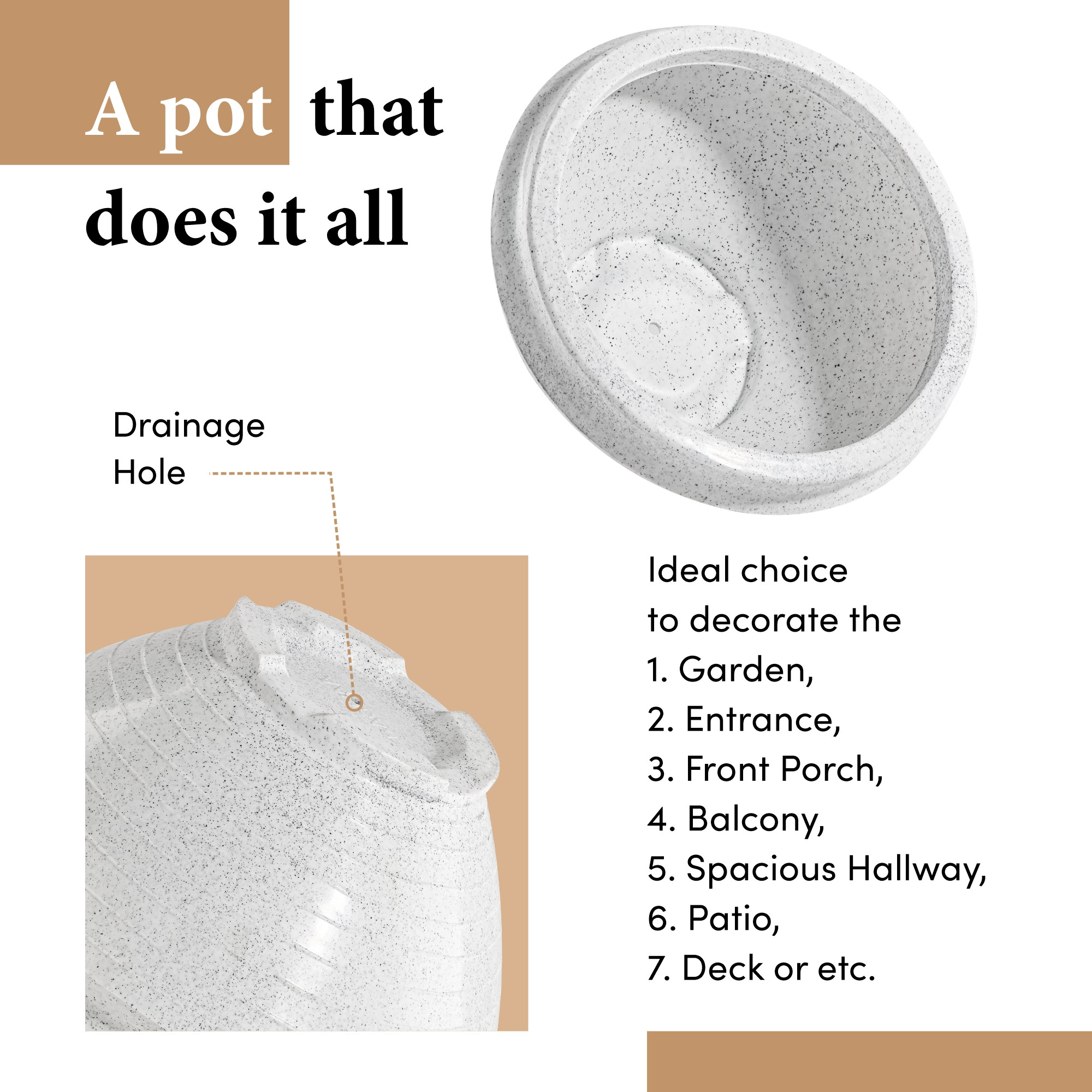 Kuber Industries Rotomould 15 Inch Large Flower Pot  Round Planter Container with Drainage for Balcony Patio  Garden Plant  Rib Tasala -White