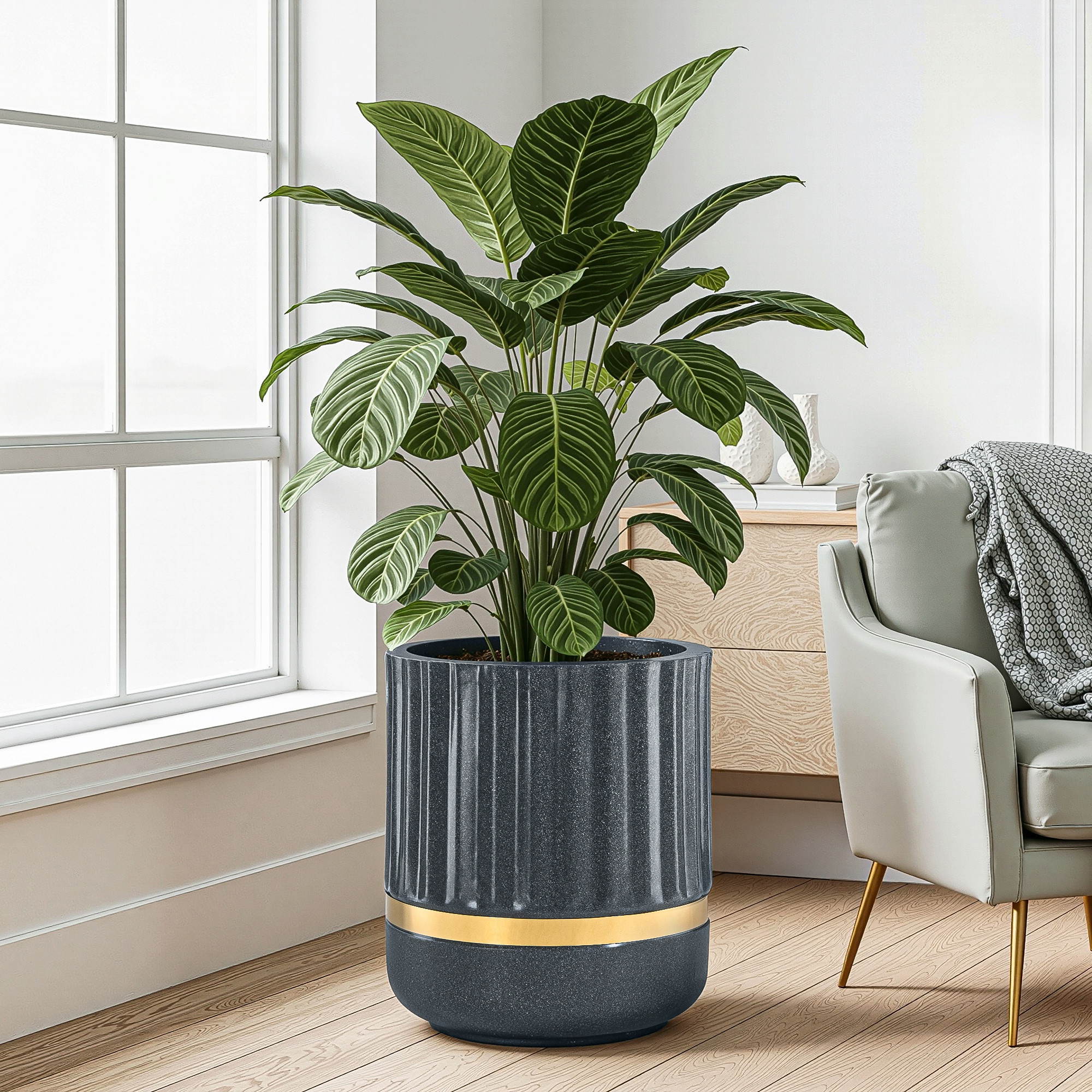 Kuber Industries Rotomould 18 Inch Big Size Planter with Drainage Hole  Indoor Outdoor Flower Pot for Balcony Garden Patio Living Room  Royale Pillar - Grey
