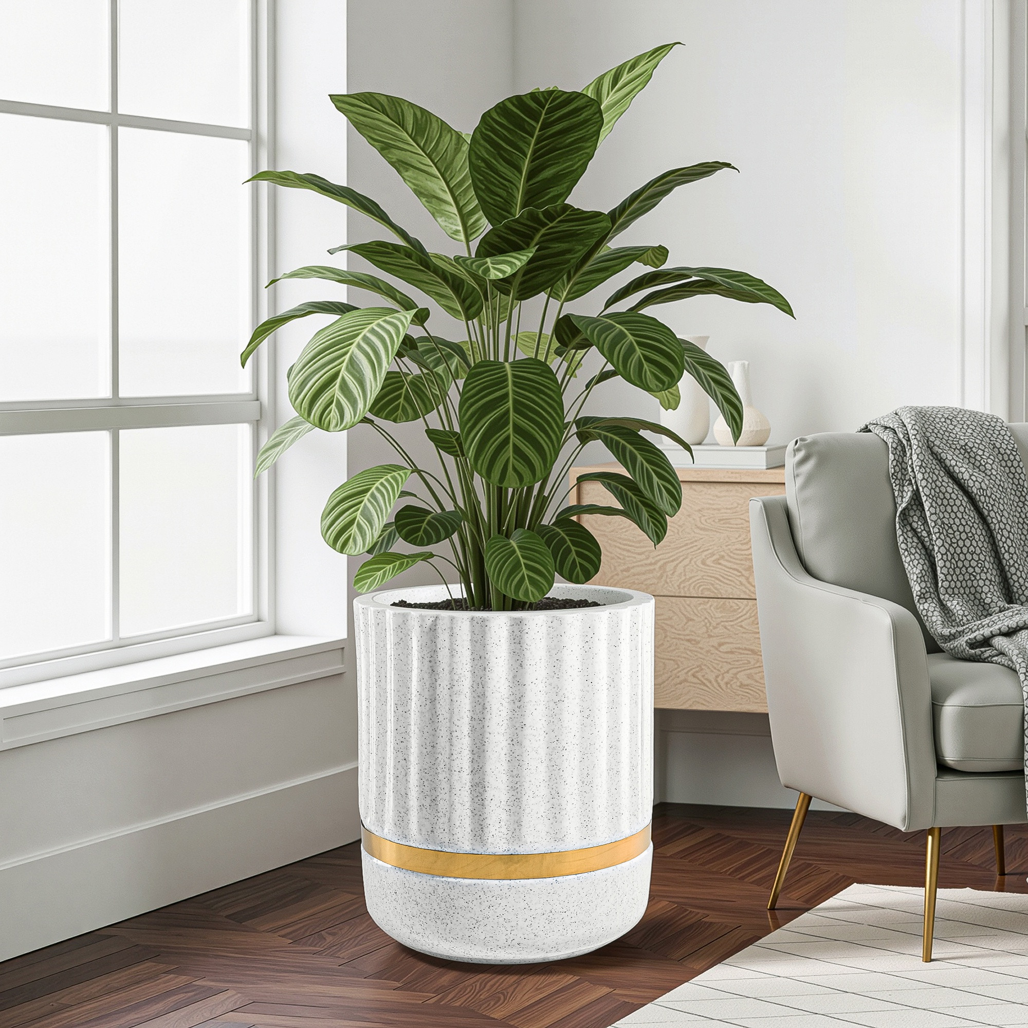 Kuber Industries Rotomould 18 Inch Big Size Planter with Drainage Hole  Indoor Outdoor Flower Pot for Balcony Garden Patio Living Room  Royale Pillar - White