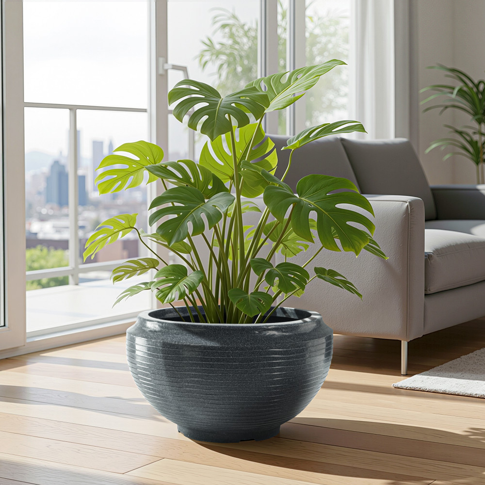 Image of Rotomould 19 Inch Big Size Flower Pot | Round Planter Container with Drainage for Balcony, Patio & Garden Plant | Rib Tasala -Grey