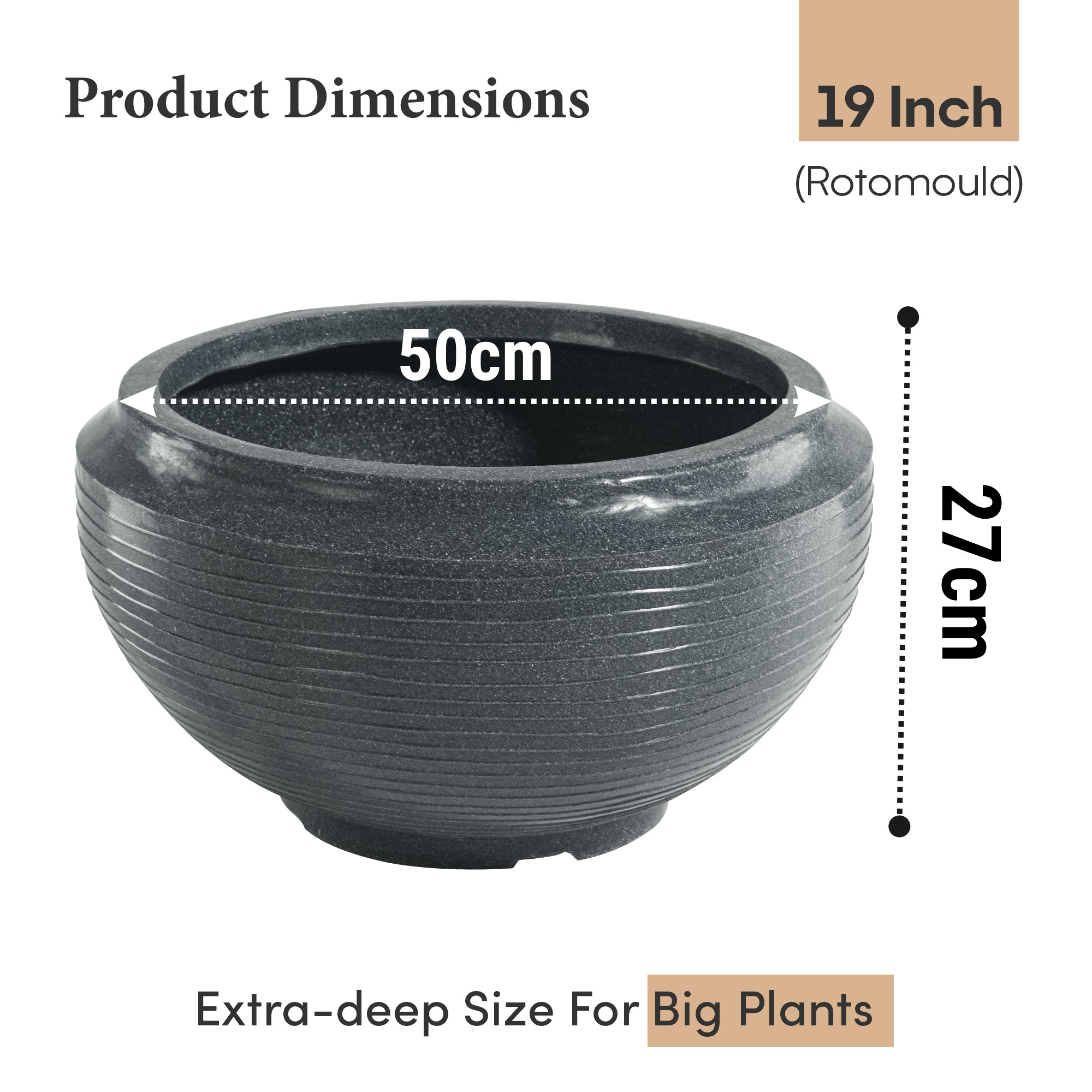 Kuber Industries Rotomould 19 Inch Big Size Flower Pot  Round Planter Container with Drainage for Balcony Patio  Garden Plant  Rib Tasala -Grey