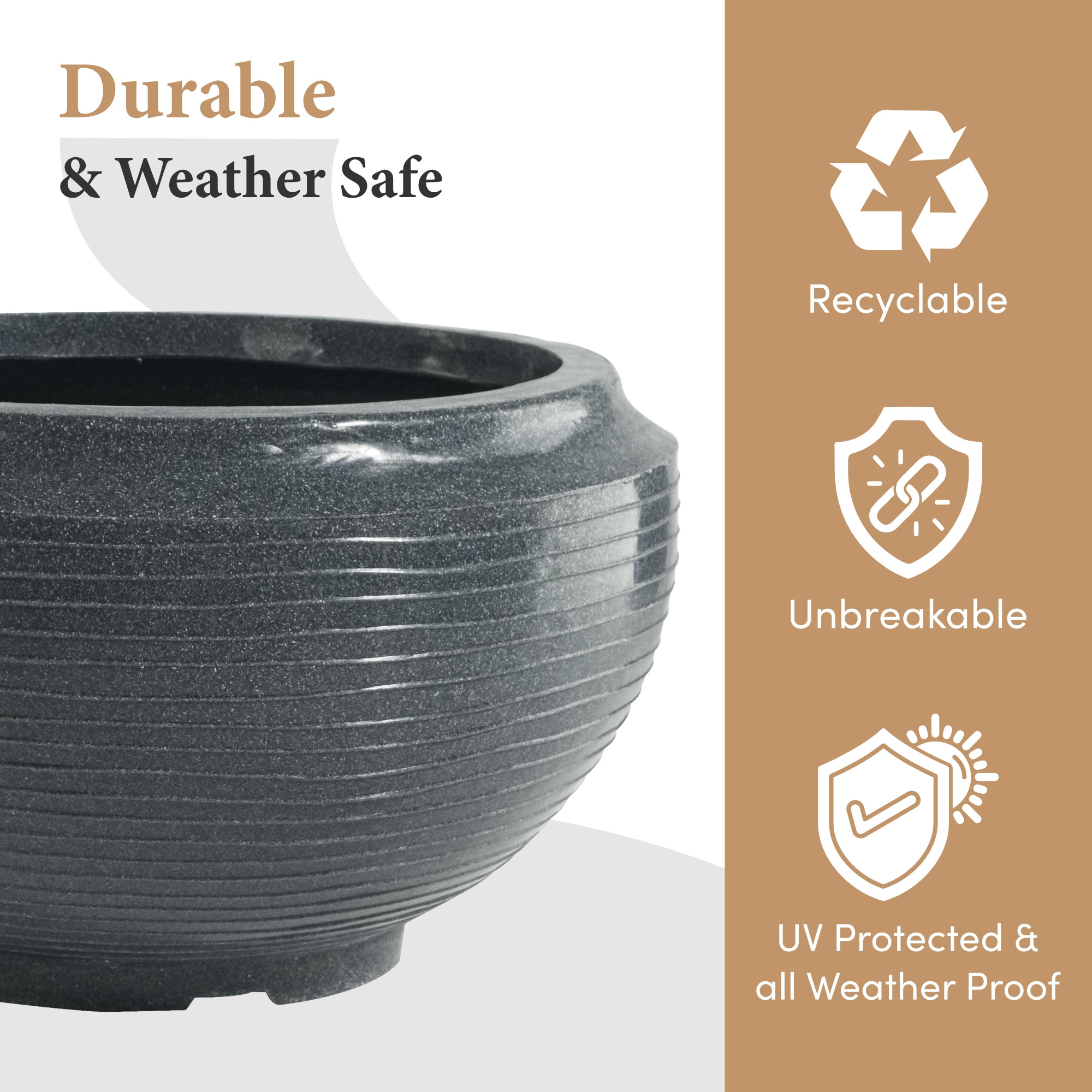 Kuber Industries Rotomould 19 Inch Big Size Flower Pot  Round Planter Container with Drainage for Balcony Patio  Garden Plant  Rib Tasala -Grey