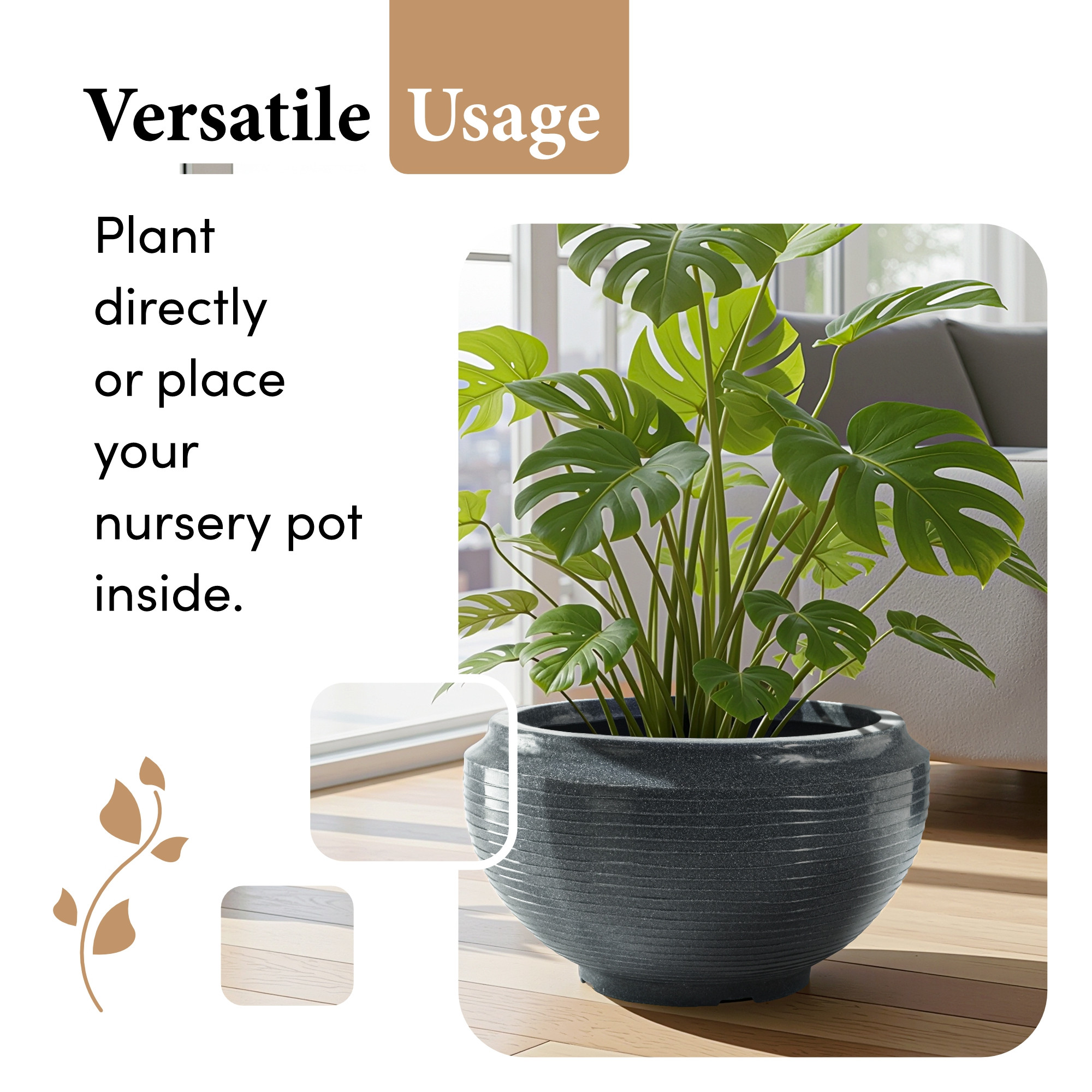 Kuber Industries Rotomould 19 Inch Big Size Flower Pot  Round Planter Container with Drainage for Balcony Patio  Garden Plant  Rib Tasala -Grey