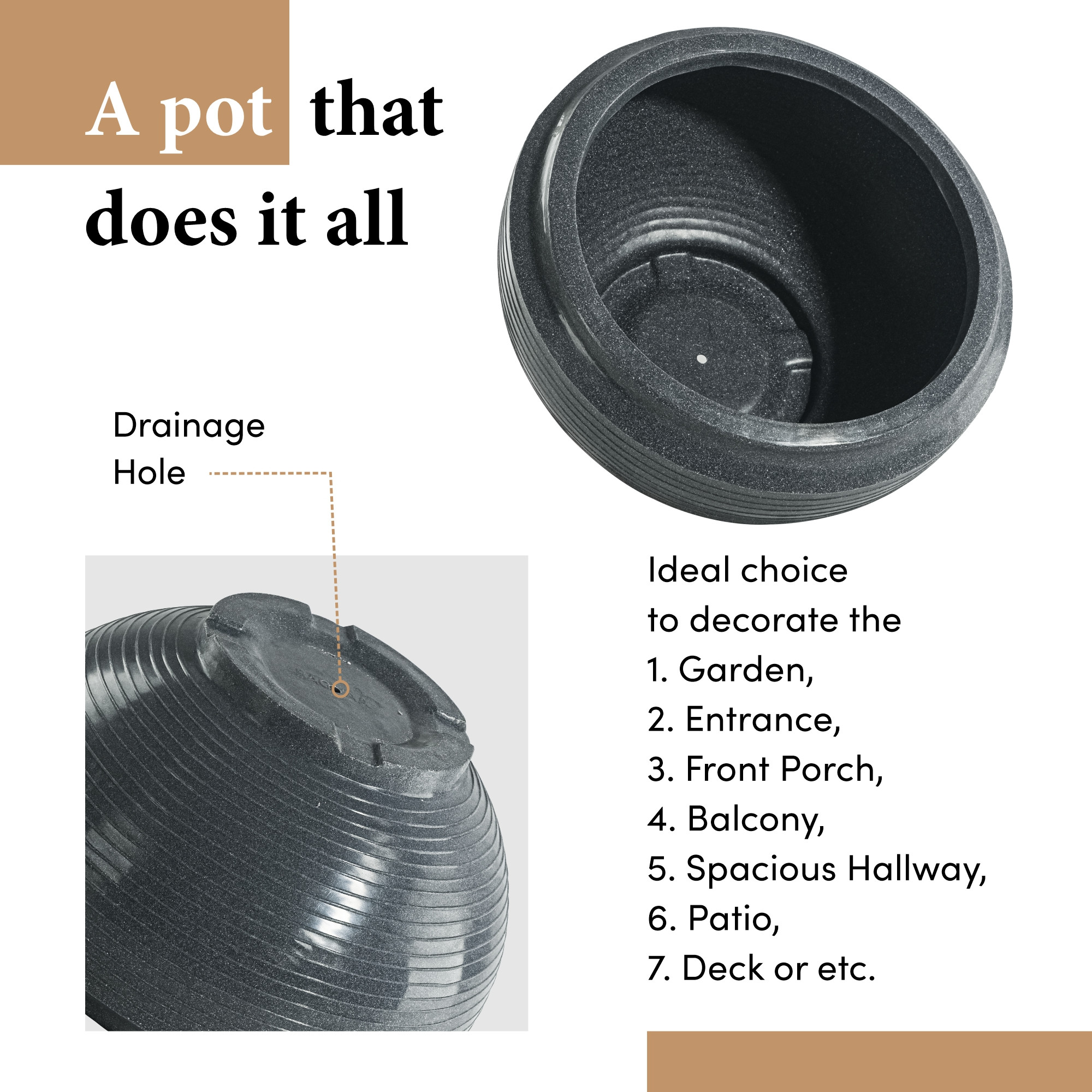 Kuber Industries Rotomould 19 Inch Big Size Flower Pot  Round Planter Container with Drainage for Balcony Patio  Garden Plant  Rib Tasala -Grey