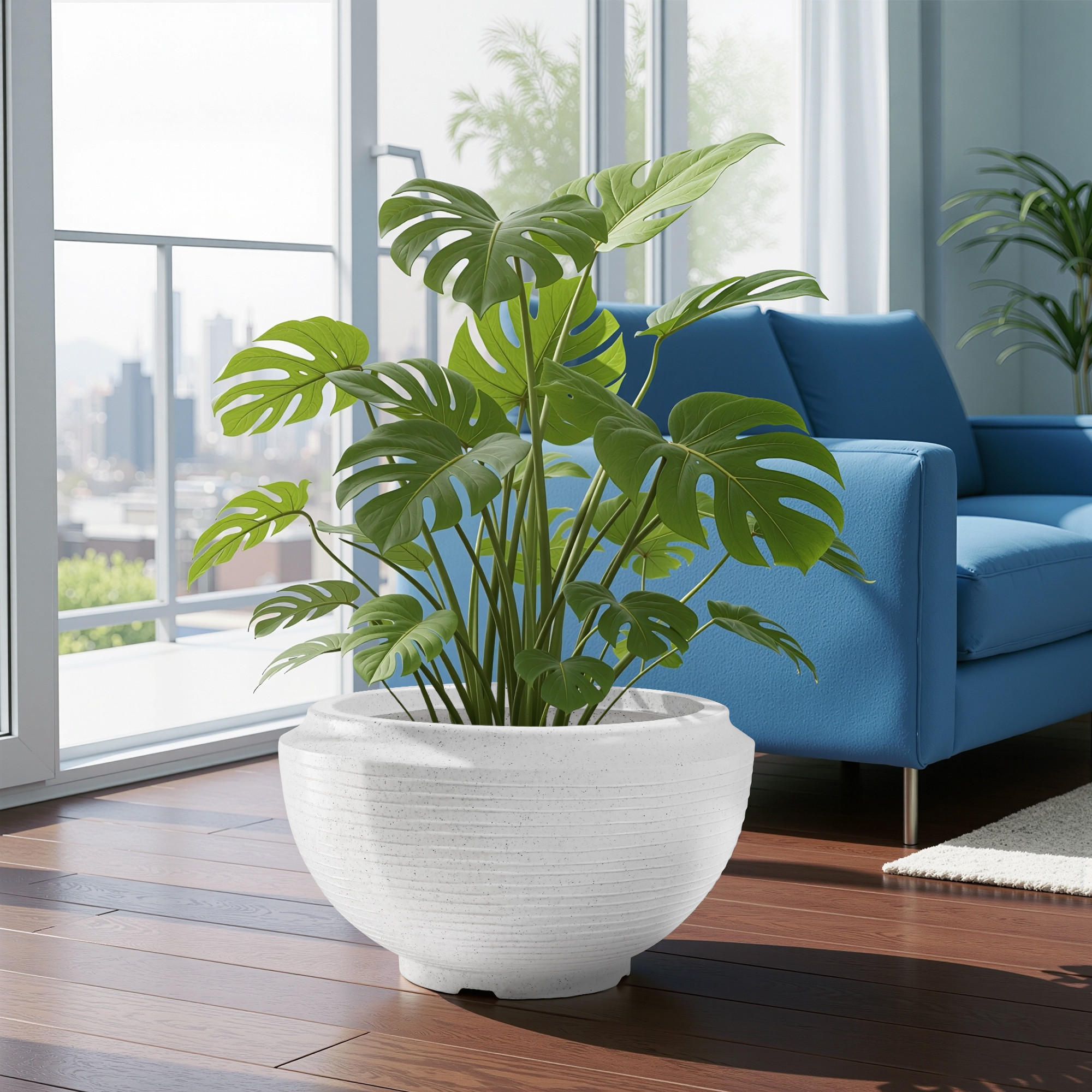 Kuber Industries Rotomould 19 Inch Big Size Flower Pot  Round Planter Container with Drainage for Balcony Patio  Garden Plant  Rib Tasala -White