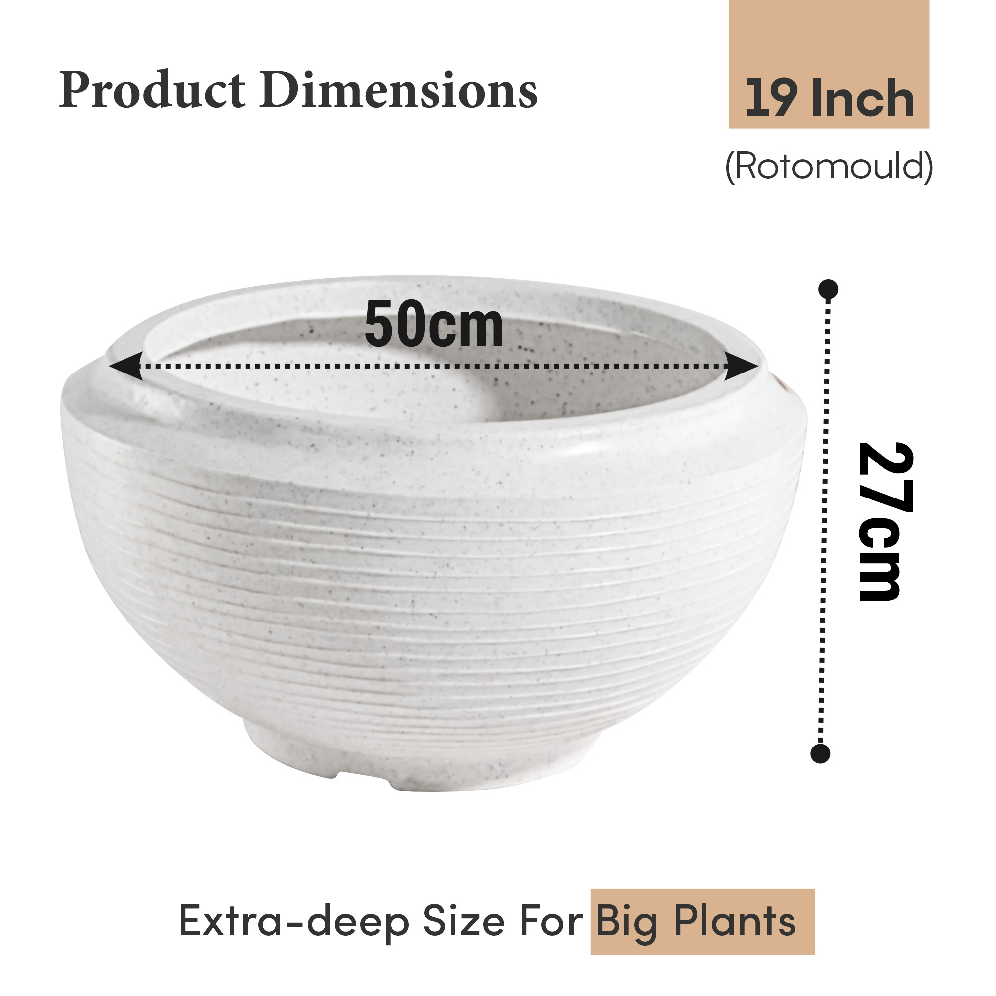 Kuber Industries Rotomould 19 Inch Big Size Flower Pot  Round Planter Container with Drainage for Balcony Patio  Garden Plant  Rib Tasala -White