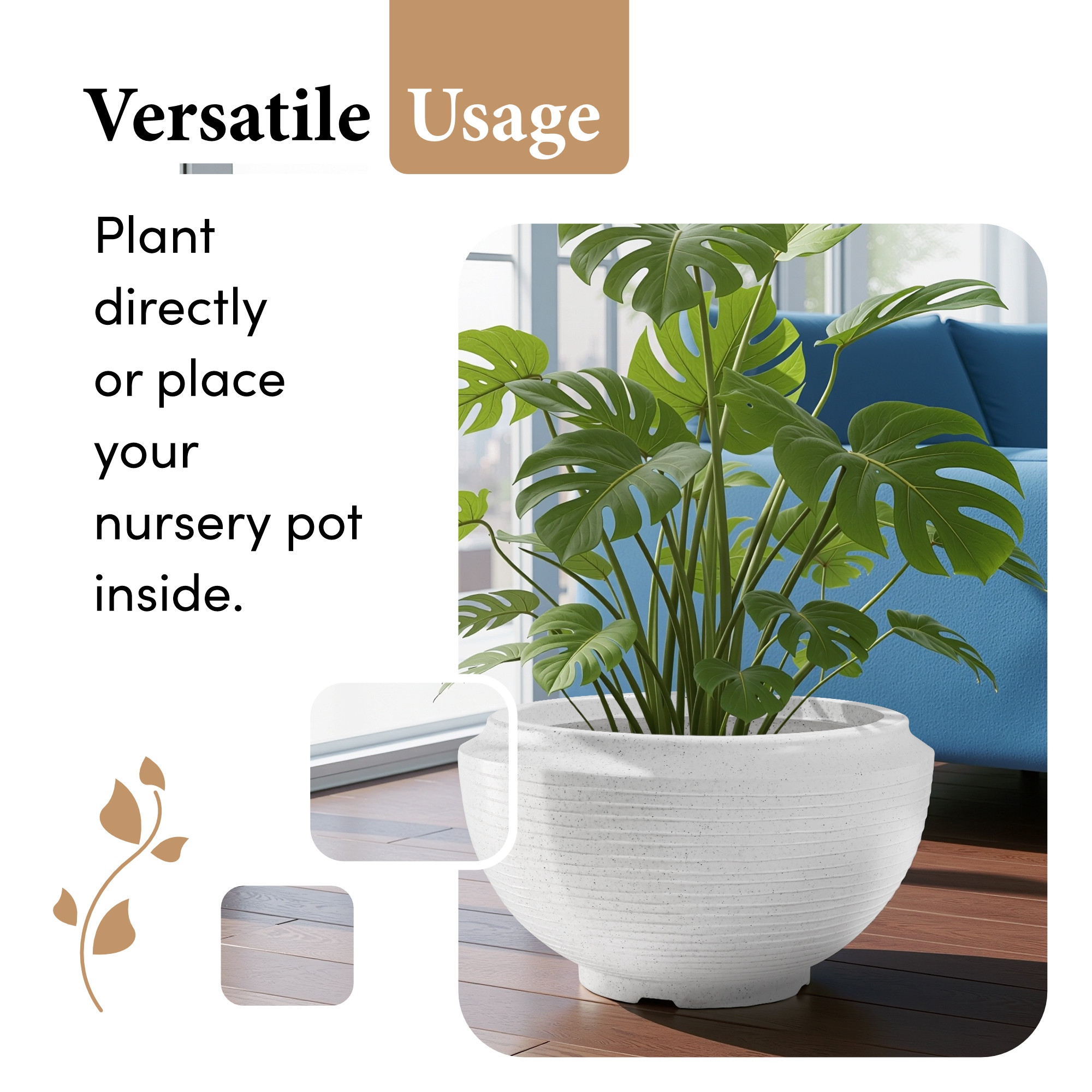 Kuber Industries Rotomould 19 Inch Big Size Flower Pot  Round Planter Container with Drainage for Balcony Patio  Garden Plant  Rib Tasala -White