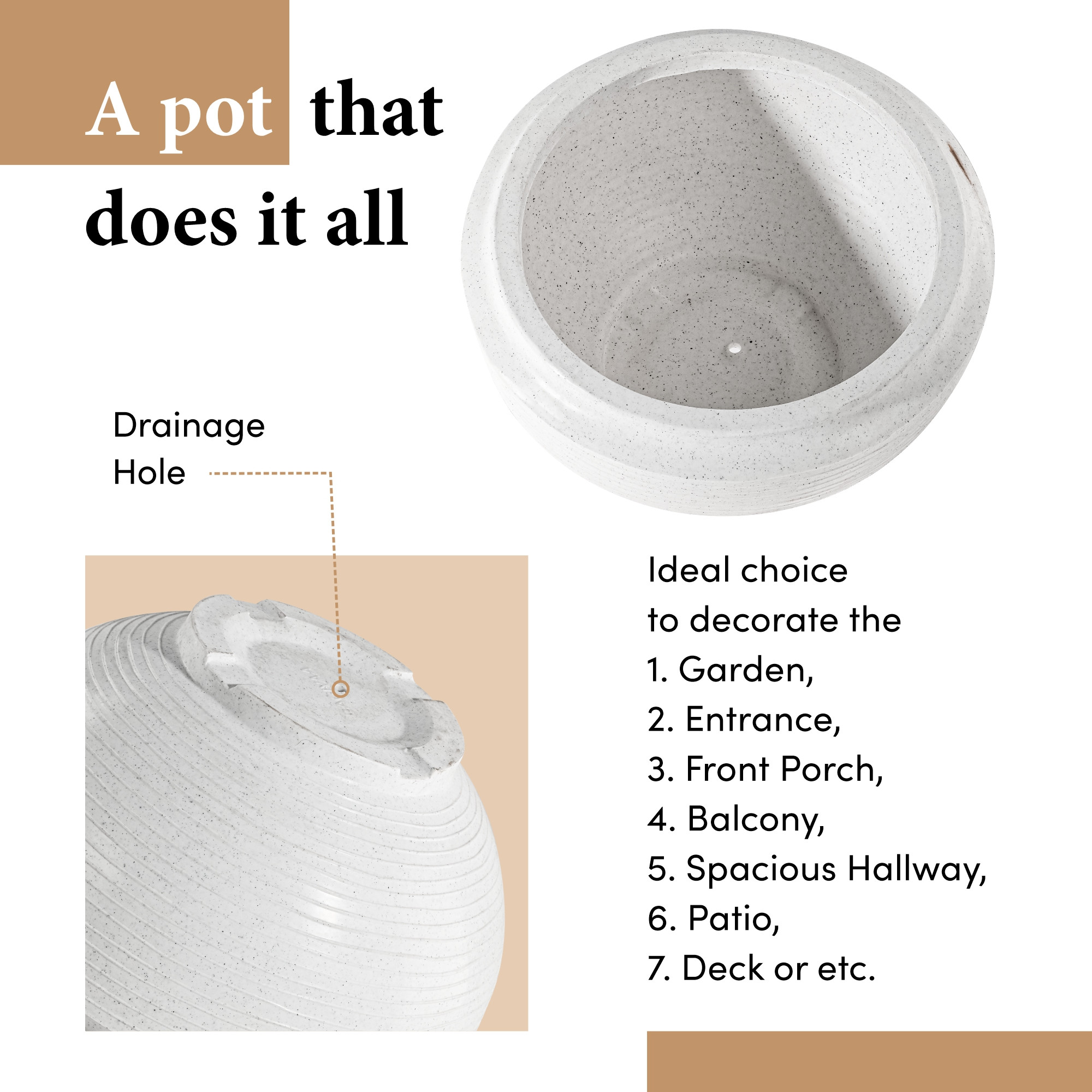 Kuber Industries Rotomould 19 Inch Big Size Flower Pot  Round Planter Container with Drainage for Balcony Patio  Garden Plant  Rib Tasala -White