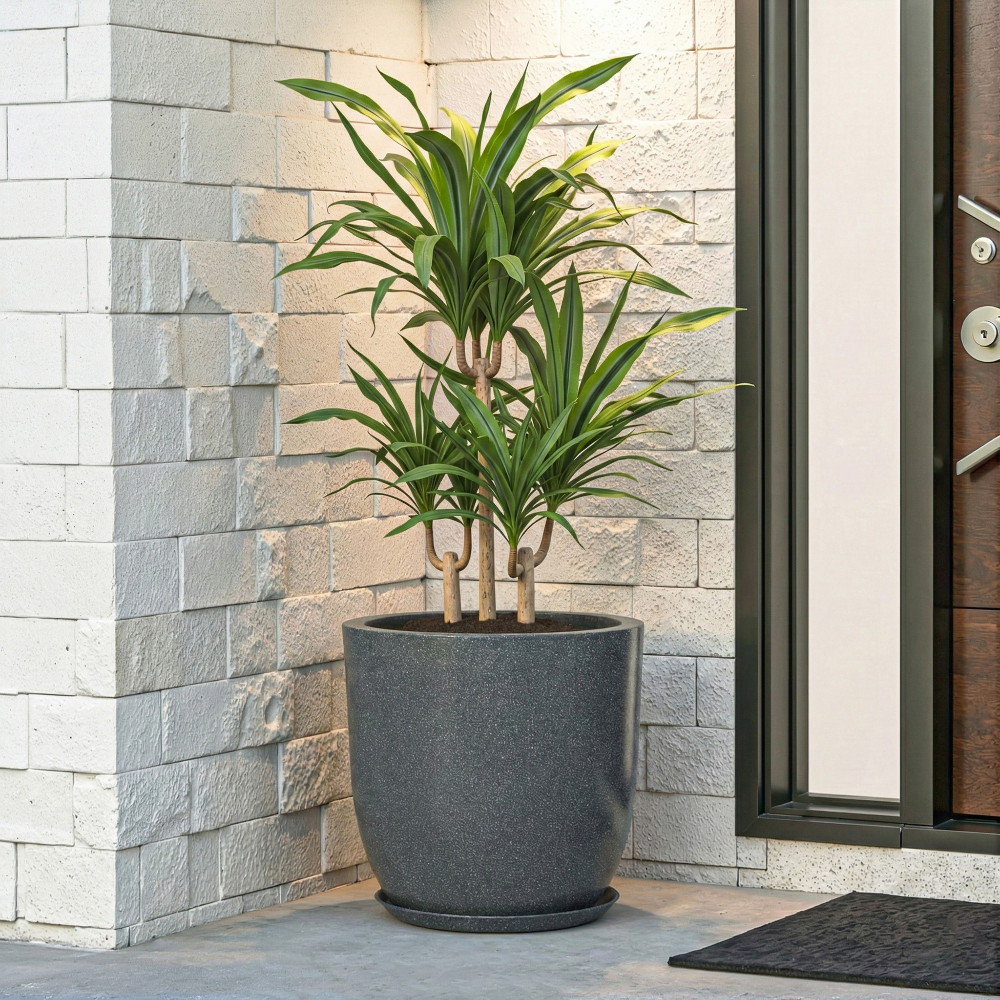 Image of Rotomould Round 12 Inch Flower Planter with Tray | Indoor Outdoor Flower Pot for Balcony, Terrace, Garden with Drainage | Cup - Grey