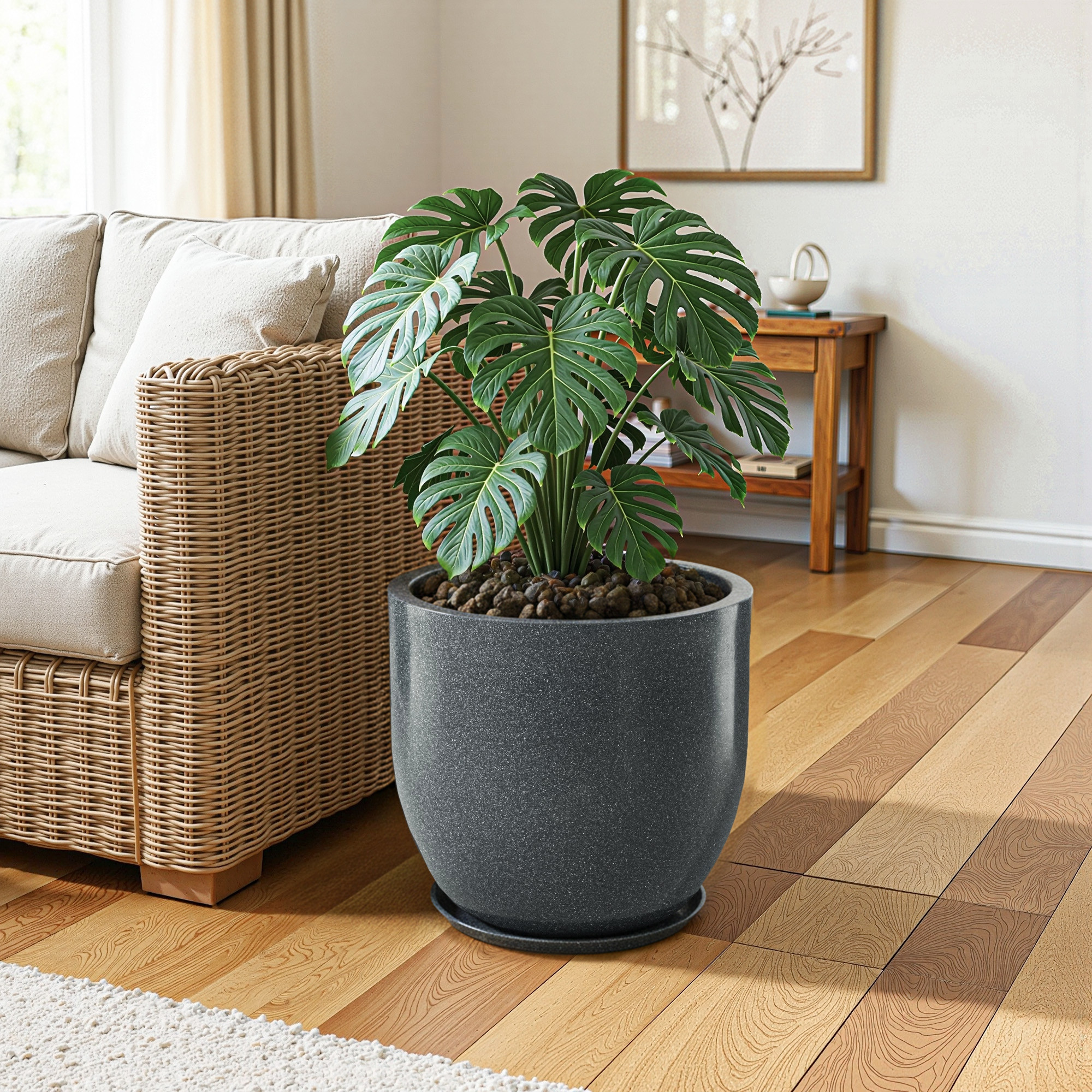 Kuber Industries Rotomould Round 12 Inch Flower Planter with Tray  Indoor Outdoor Flower Pot for Balcony Terrace Garden with Drainage  Cup - Grey