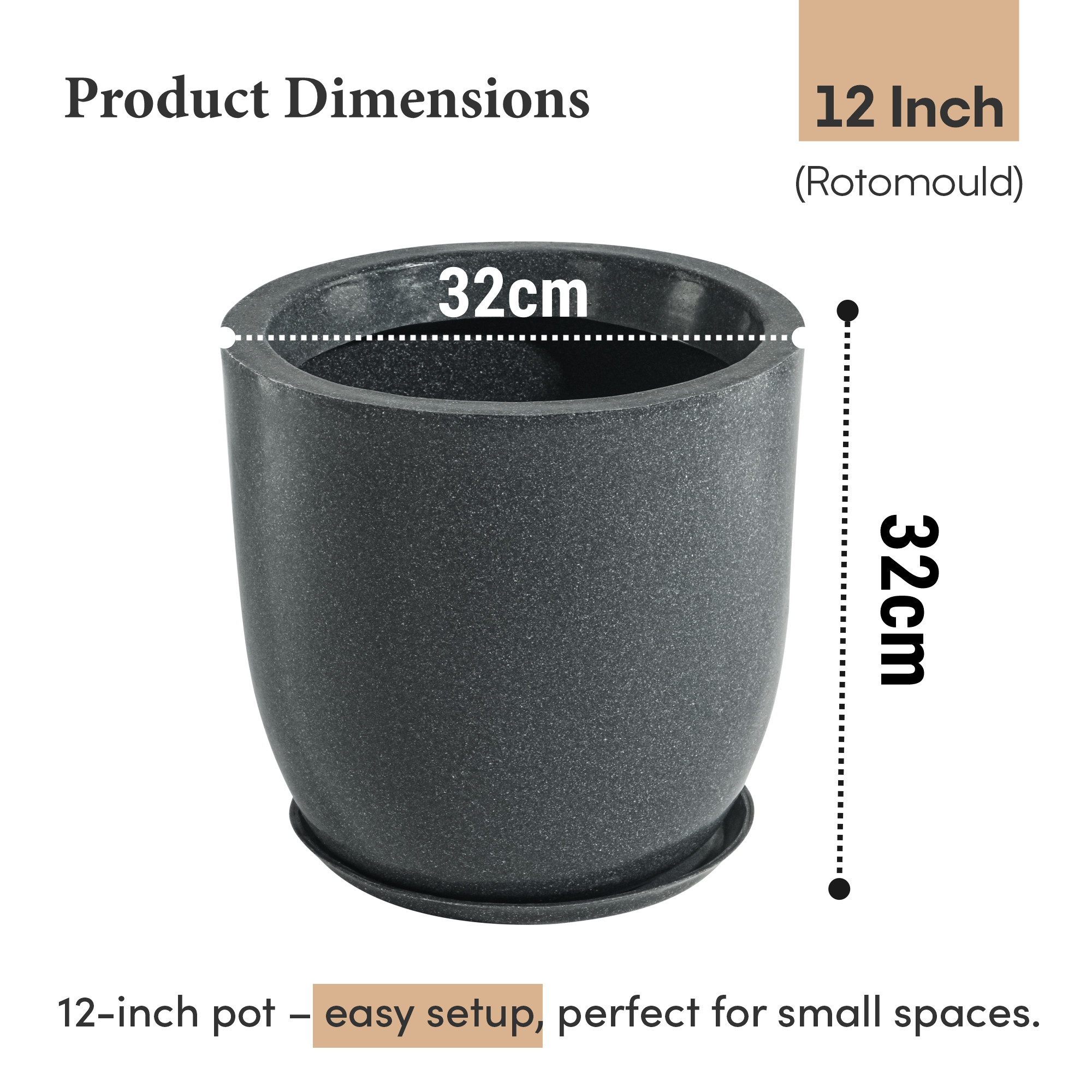 Kuber Industries Rotomould Round 12 Inch Flower Planter with Tray  Indoor Outdoor Flower Pot for Balcony Terrace Garden with Drainage  Cup - Grey