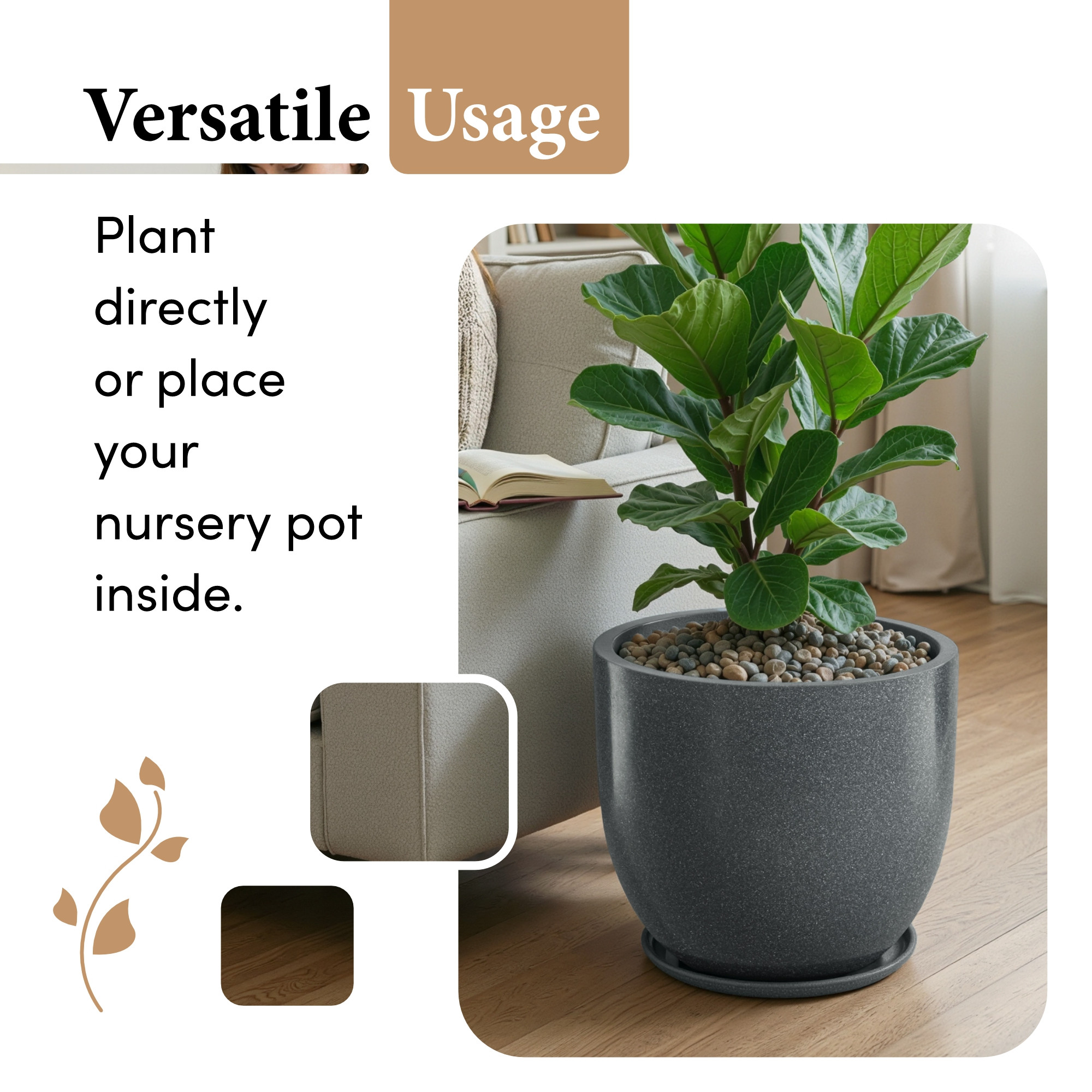 Kuber Industries Rotomould Round 12 Inch Flower Planter with Tray  Indoor Outdoor Flower Pot for Balcony Terrace Garden with Drainage  Cup - Grey