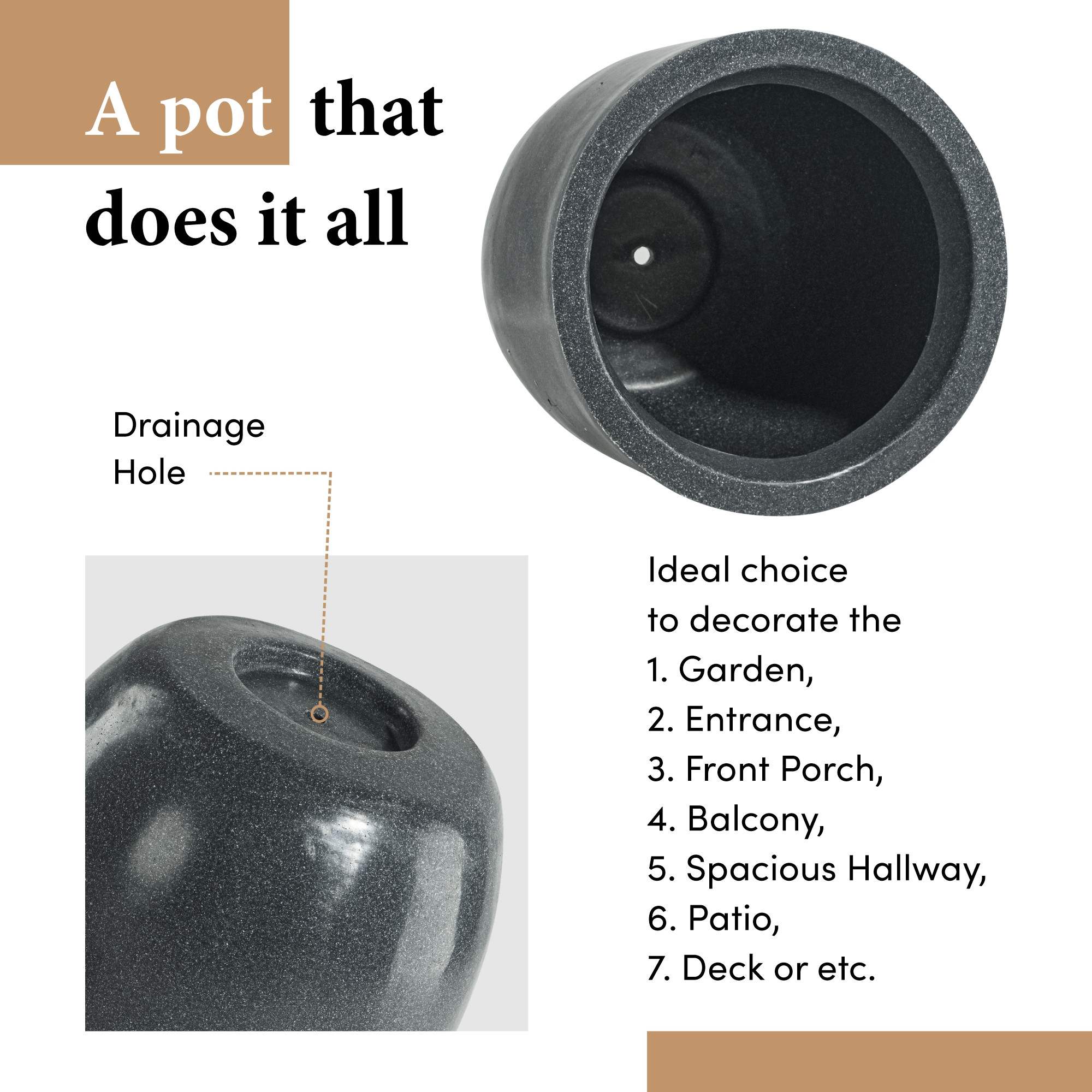 Kuber Industries Rotomould Round 12 Inch Flower Planter with Tray  Indoor Outdoor Flower Pot for Balcony Terrace Garden with Drainage  Cup - Grey