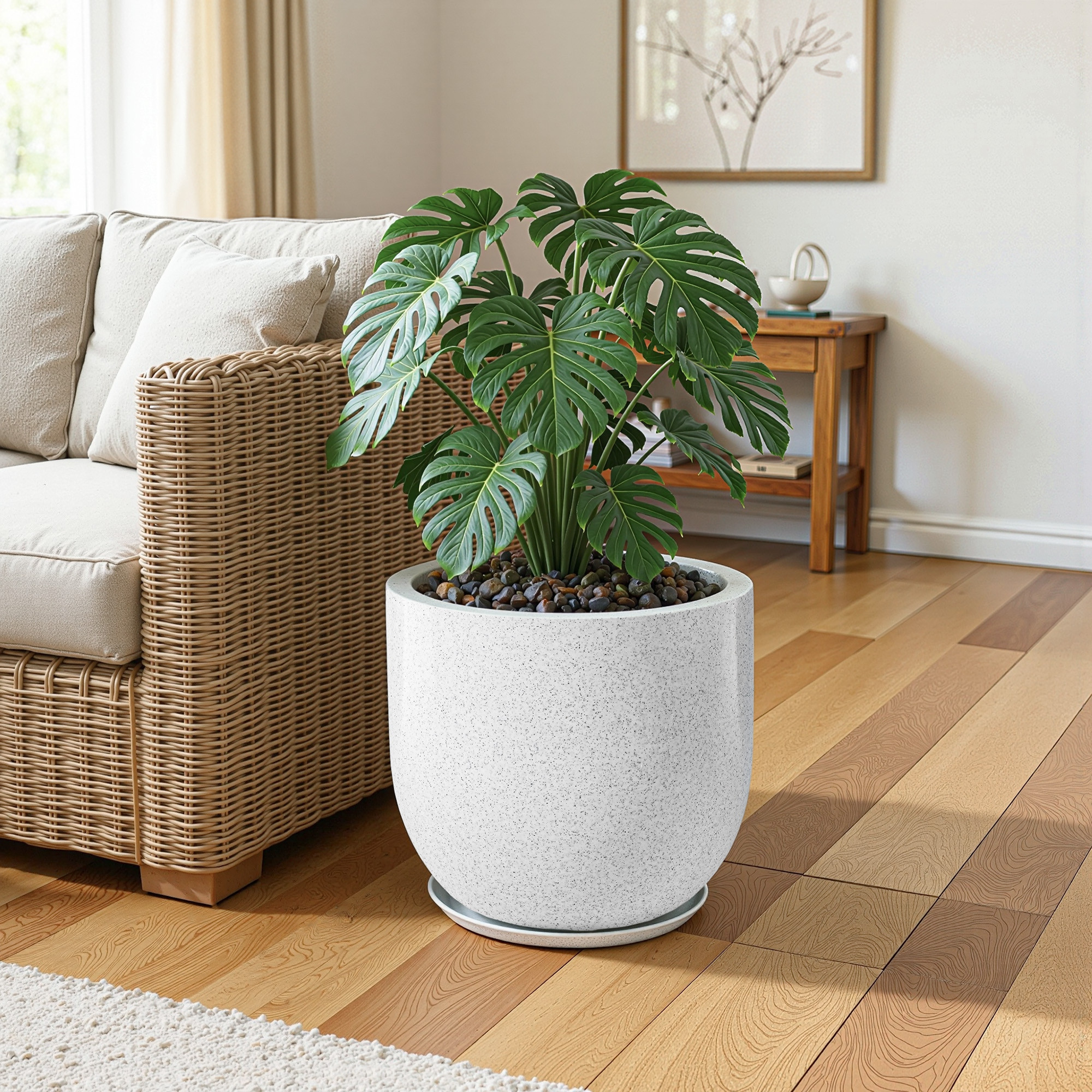 Kuber Industries Rotomould Round 12 Inch Flower Planter with Tray  Indoor Outdoor Flower Pot for Balcony Terrace Garden with Drainage  Cup - White