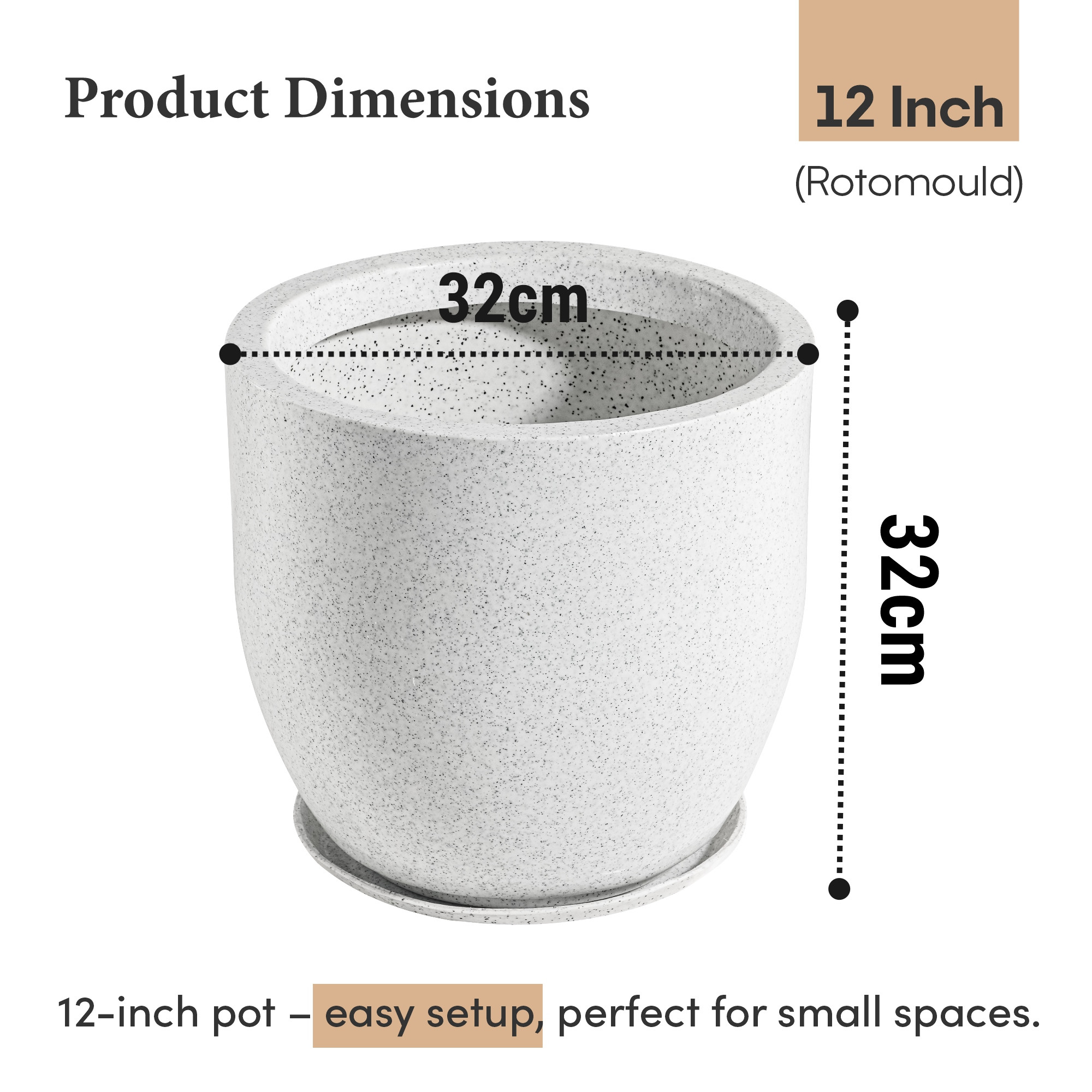 Kuber Industries Rotomould Round 12 Inch Flower Planter with Tray  Indoor Outdoor Flower Pot for Balcony Terrace Garden with Drainage  Cup - White