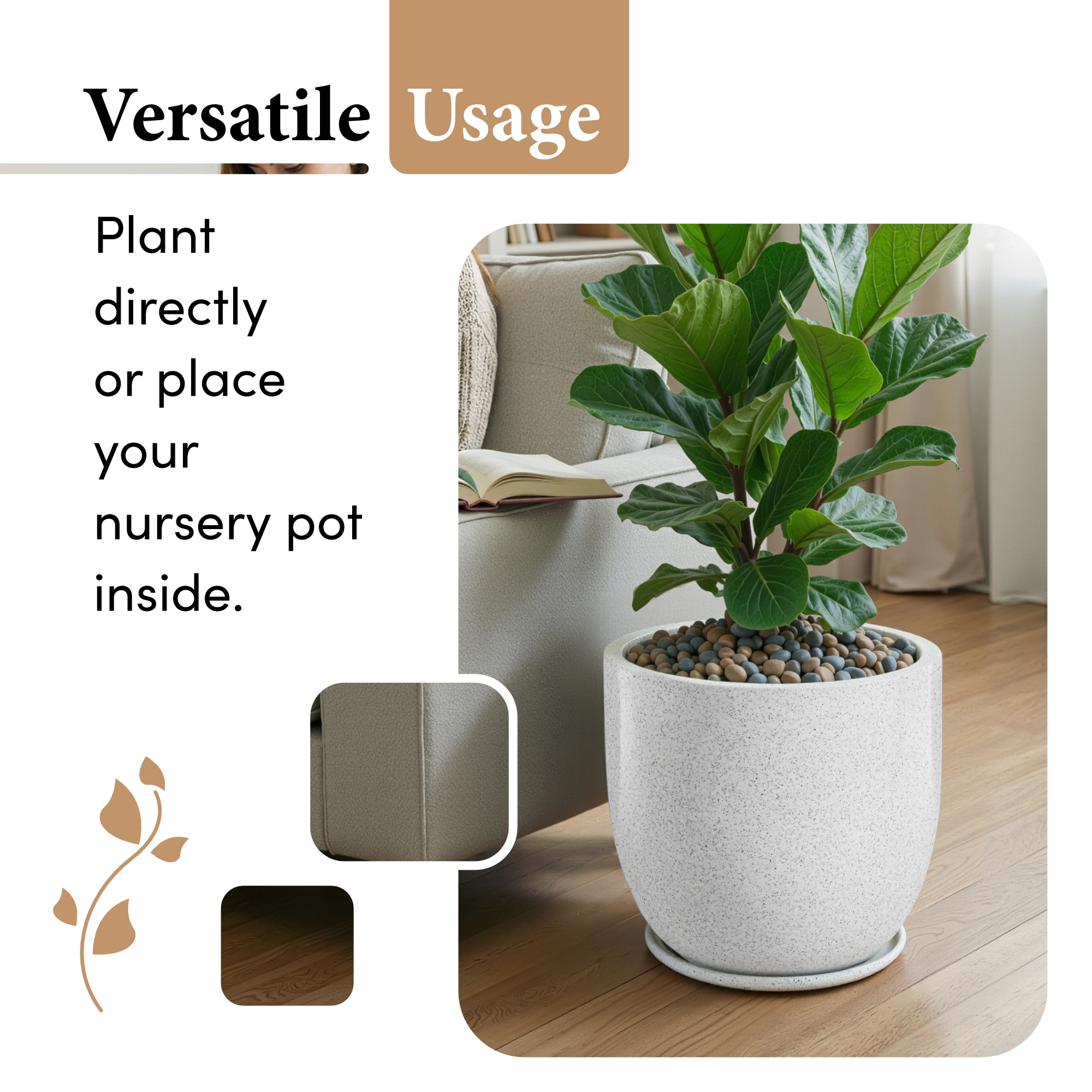 Kuber Industries Rotomould Round 12 Inch Flower Planter with Tray  Indoor Outdoor Flower Pot for Balcony Terrace Garden with Drainage  Cup - White