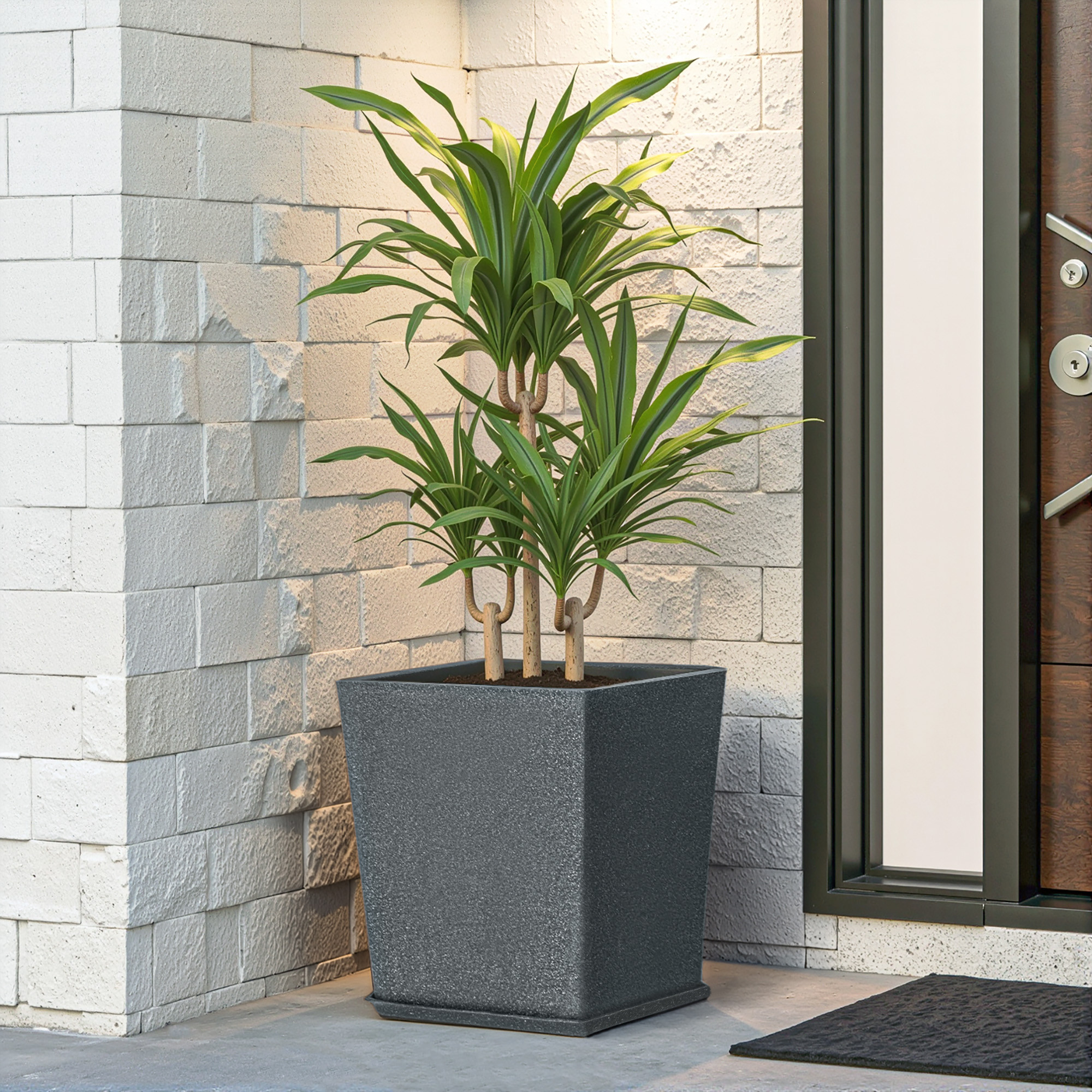 Kuber Industries Rotomould Square Flower Pot 12 Inch with Tray  Large Indoor Outdoor Planter for Home Balcony Garden Drainage Hole  Bent Block - Grey