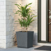 Rotomould Square Flower Pot 12 Inch with Tray | Large Indoor Outdoor Planter for Home Balcony Garden, Drainage Hole | Bent Block - Grey