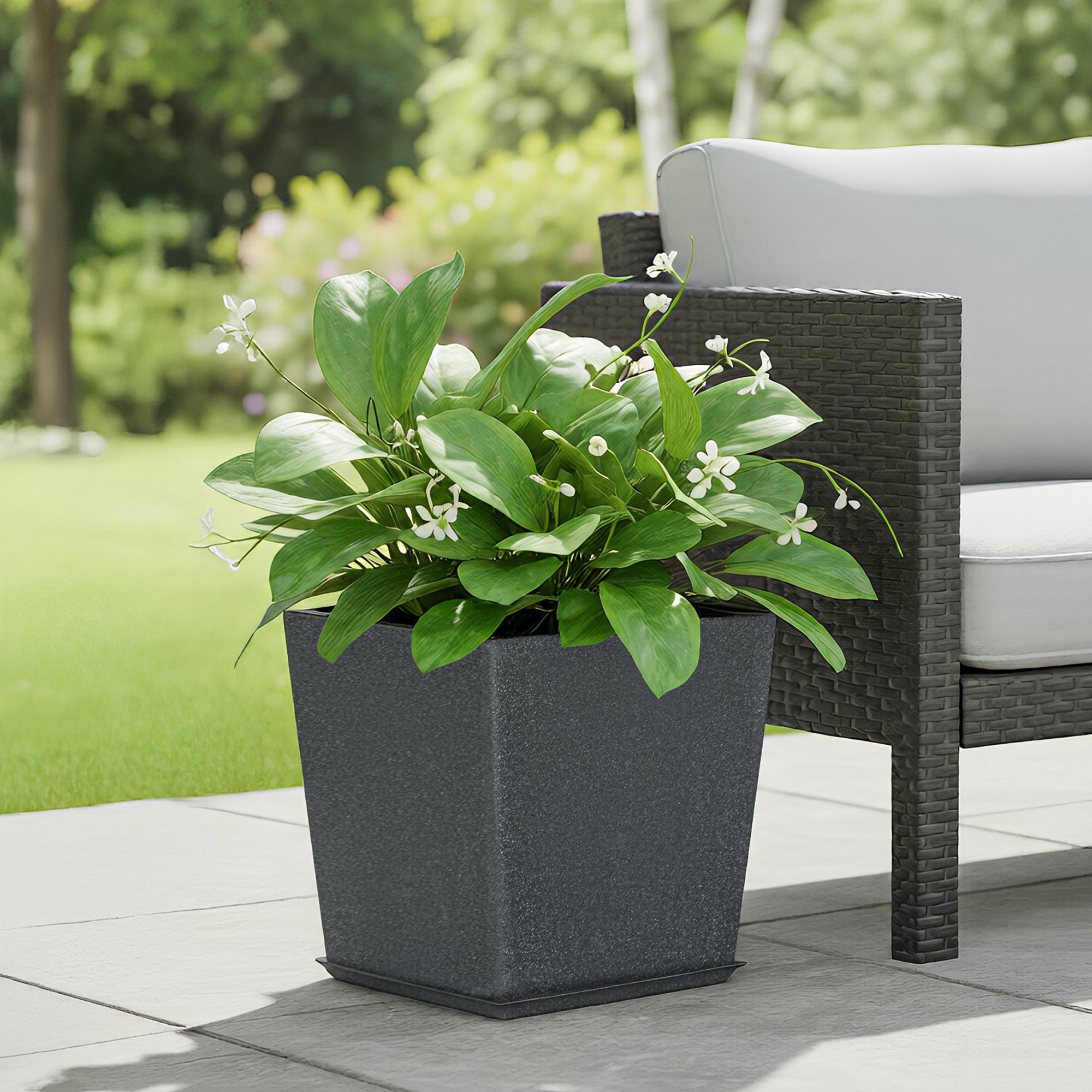 Kuber Industries Rotomould Square Flower Pot 12 Inch with Tray  Large Indoor Outdoor Planter for Home Balcony Garden Drainage Hole  Bent Block - Grey